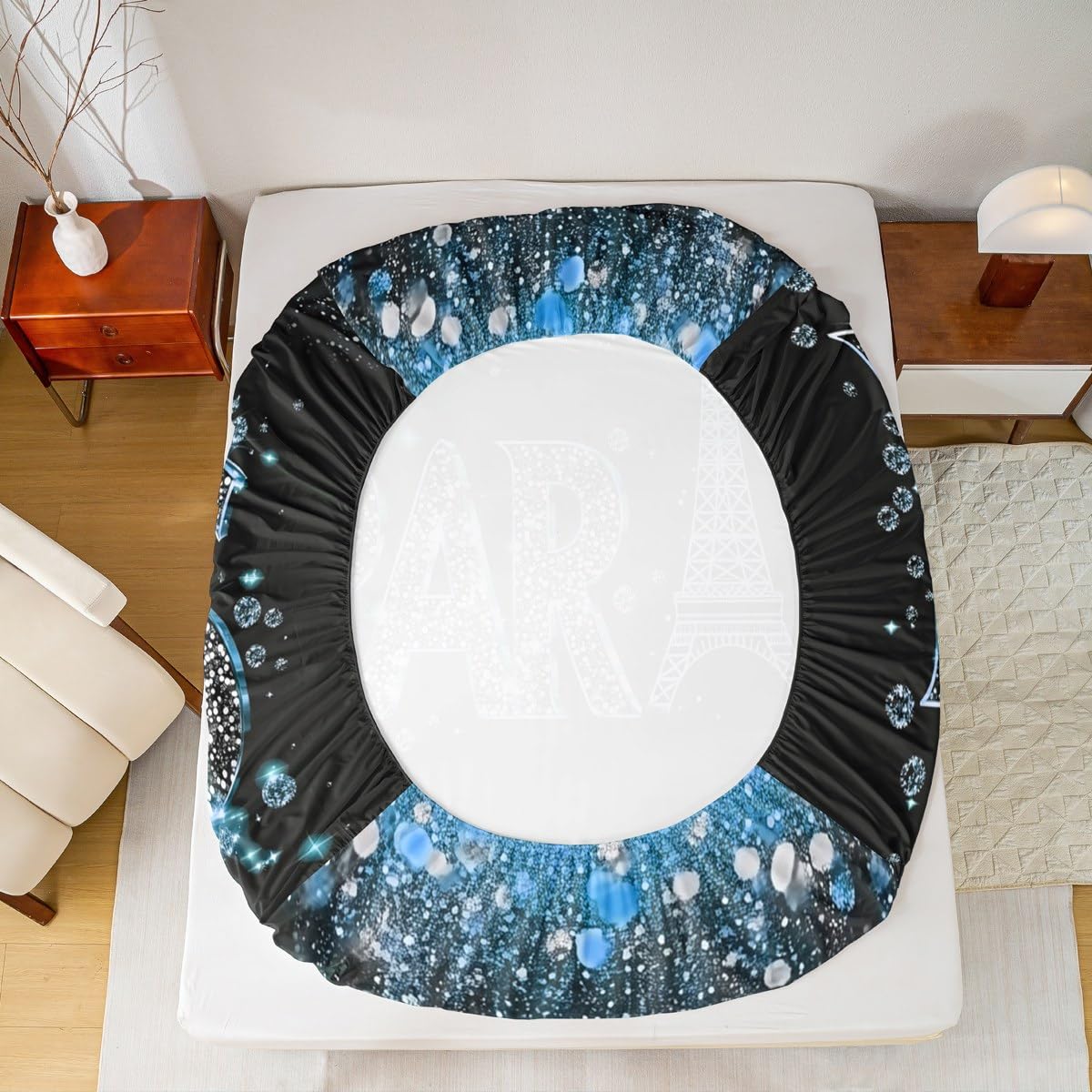 Eiffel Tower Fitted Sheet Full 3 Pcs,Romantic Paris City Sheets Sets Breathable Bedding(No Top Sheet),Blue Glitter Sequins Bed Sheet with Deep Pocket,Modern Fashion Bed Cover
