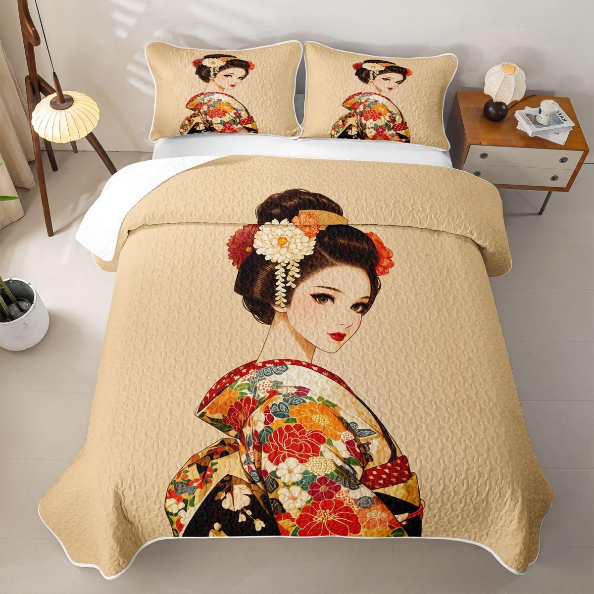Erosebridal Japan Geisha Quilt Twin Size - Japanese Girl Bedspread Traditional Japanese Bed Coverlet with 1 Pillowcase