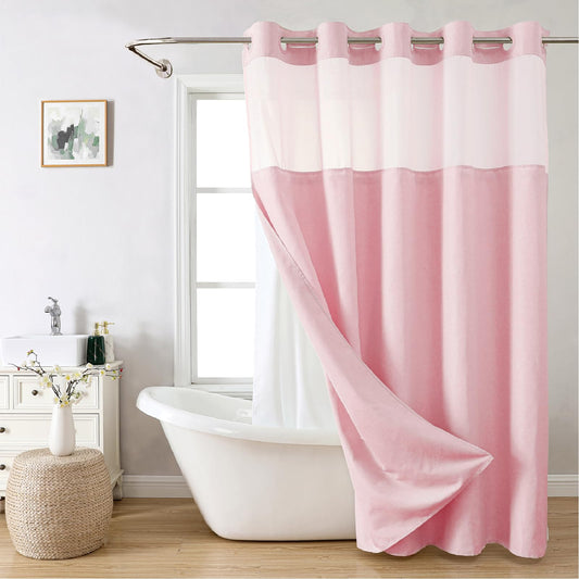 eachope Long No Hooks Needed Linen Textured Shower Curtain with Snap-in Fabric Liner Set,Hotel Luxury Decor Shower Curtains for Bathroom,Waterproof & Washable,71Wx80H,Pink