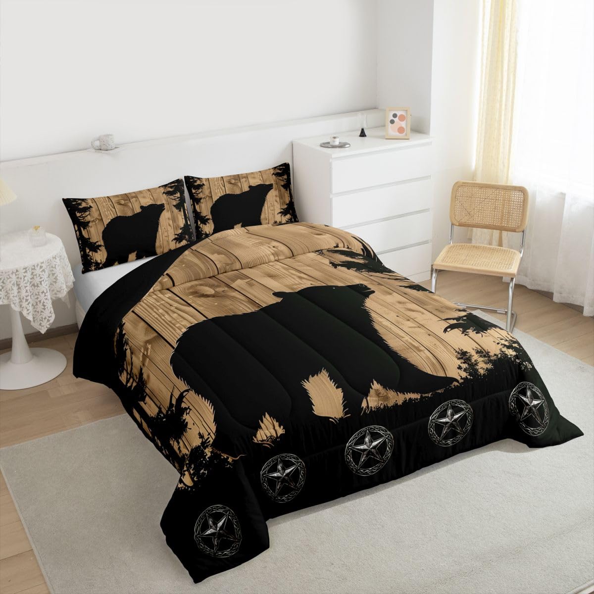 jejeloiu Bear Bedding Set Soft for Boys Girls, Wild Animal Comforter Set Queen Size Wild Retro Wood Duvet Quilt Microfiber Rustic Cabin Country Bedroom Decor 3 Pcs with 2 Pillow Cases