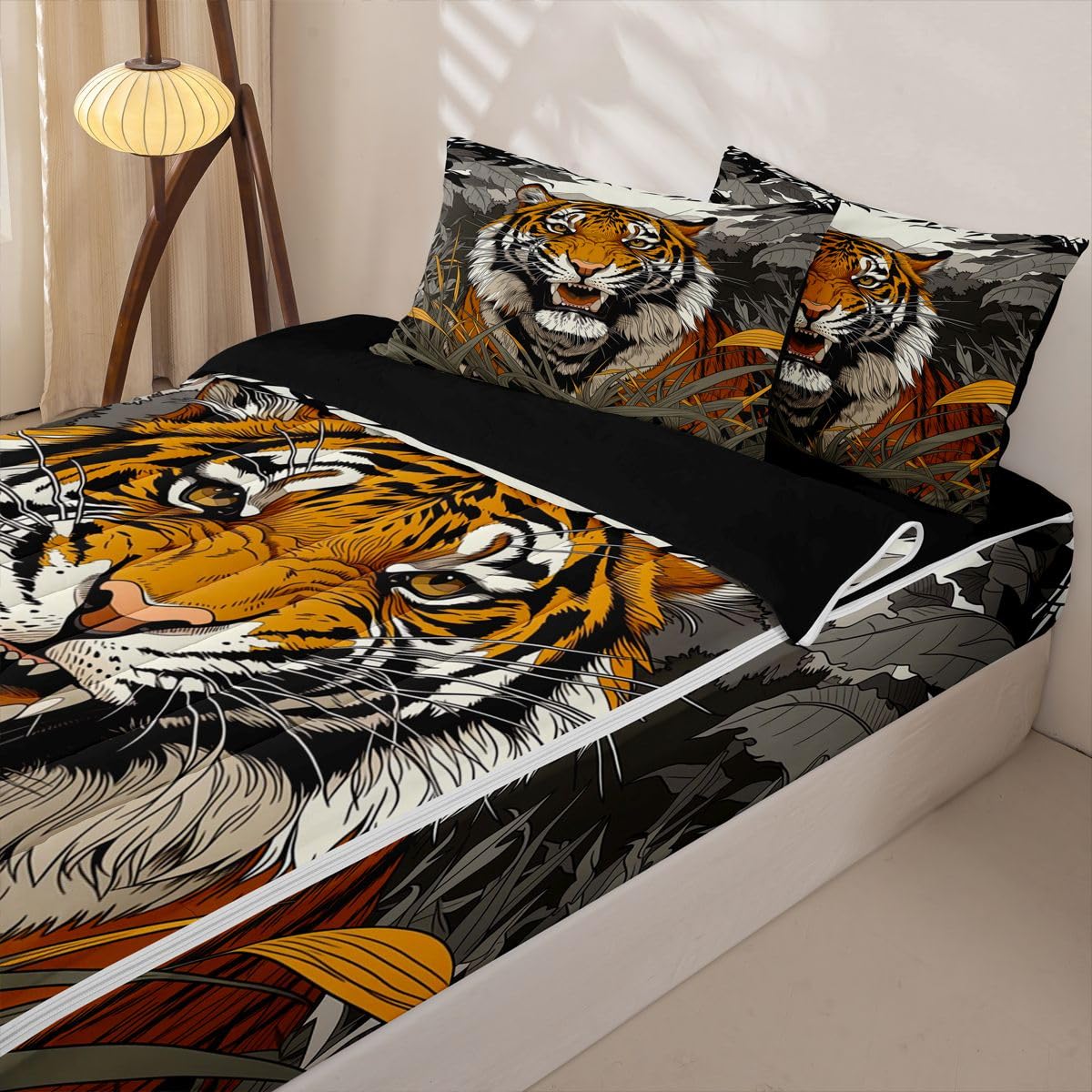 Erosebridal Tiger Zip Up Bedding Comforter Sets Twin Size, Japanese Style Comforter in One Zipper - Wild Animal Bedding Set with Pillowcases