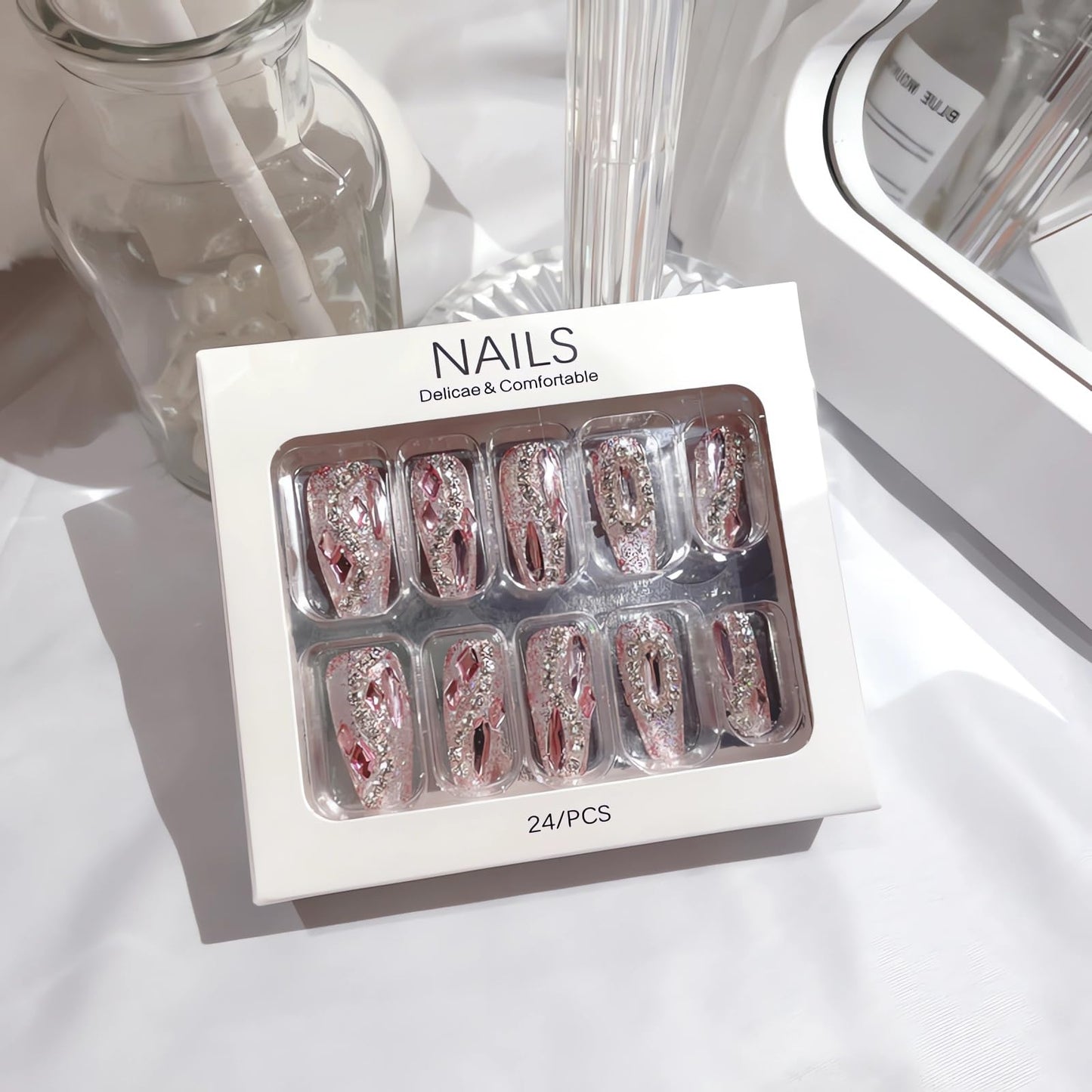 IMSOHOT Long Press on Nails Coffin Glitter Fake Nails Shiny Pink Rhinestone Full Cover False Nails Luxury Ballerina Artificial Acrylic Glue on Nails for Women 24Pcs
