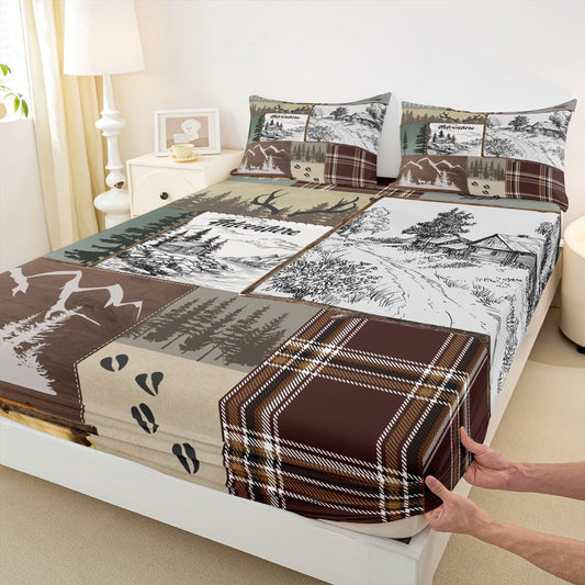 Rustic Farmhouse Cabin Fitted Sheet Twin Size,Adventure Deer Antler Hunt Theme Bedding Set,Kids Teens Adult Room Decor Pine Wooden Plaid Patchwork Bed Sheet Vintage Brown Deep Pocket Sheet 2Pcs