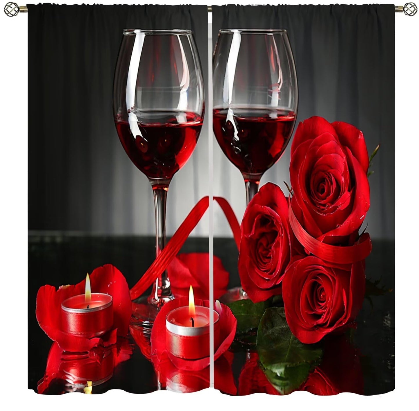Wines Blackout Window Curtains Candle Red Roses and Red Wine Female Romantic Art Thermal Insulated Darkening for Living Room Bedroom Children's Room Decor Set 2 Panels,42x45 Inches