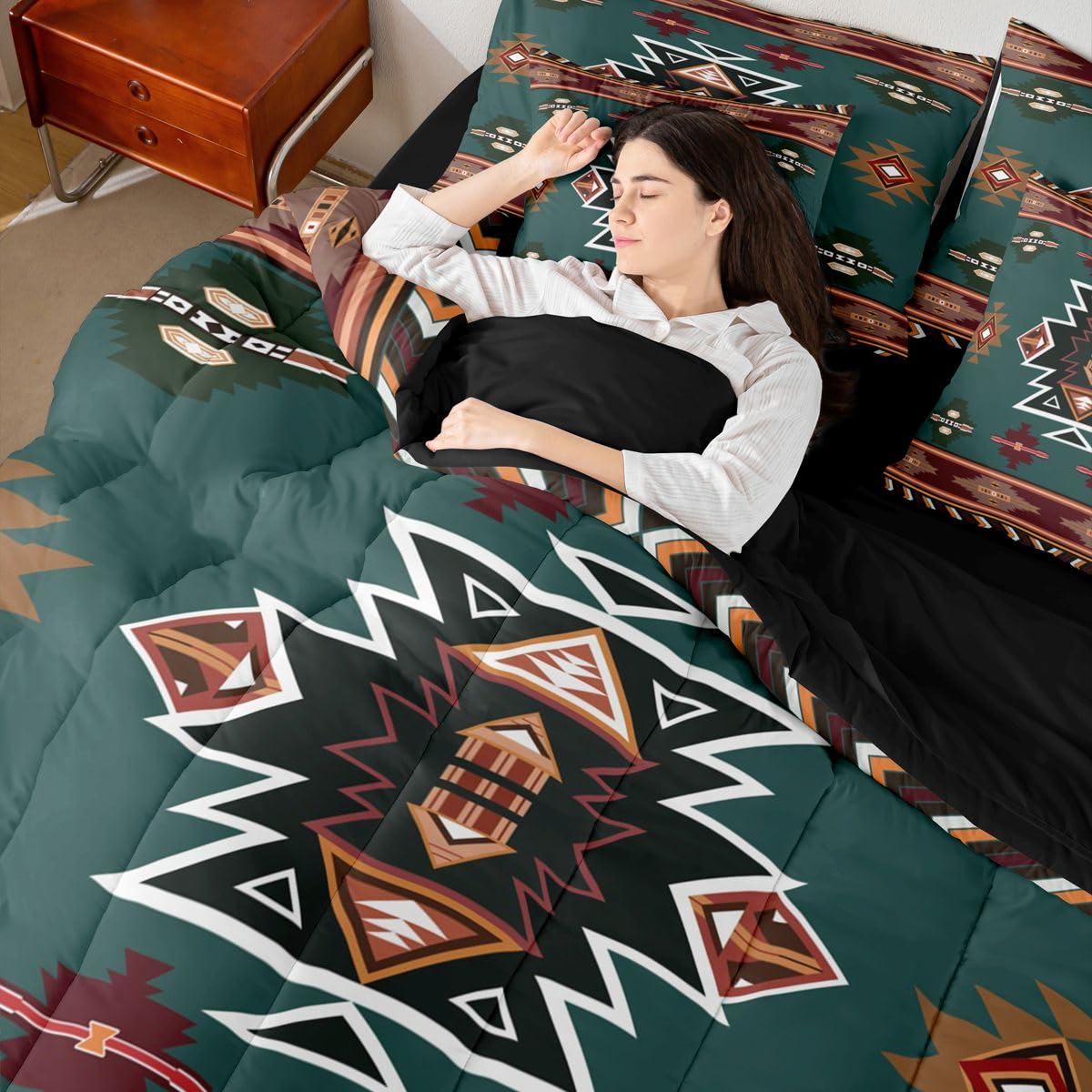 Erosebridal Western Twin Comforter Set with Sheets | Southwestern Decor Geometric 7-Piece Bedding Set Farmhouse Aztec Bed in a Bag, Stripes Diamond Triangle Bed Sets,Green