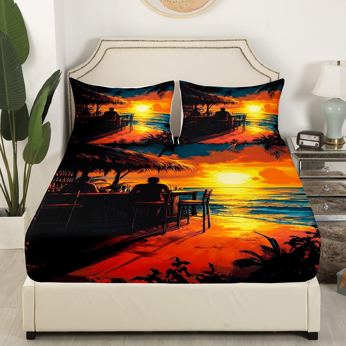 Erosebridal Tiki Bar Bedding Set Queen Size, Ocean Beach Fitted Sheet Palm Tree Leaves Bed Sheets for Kids Teens Adult Bedroom Decor, Tropical Hawaii Sunset Sheets with 2 Pillow Cases