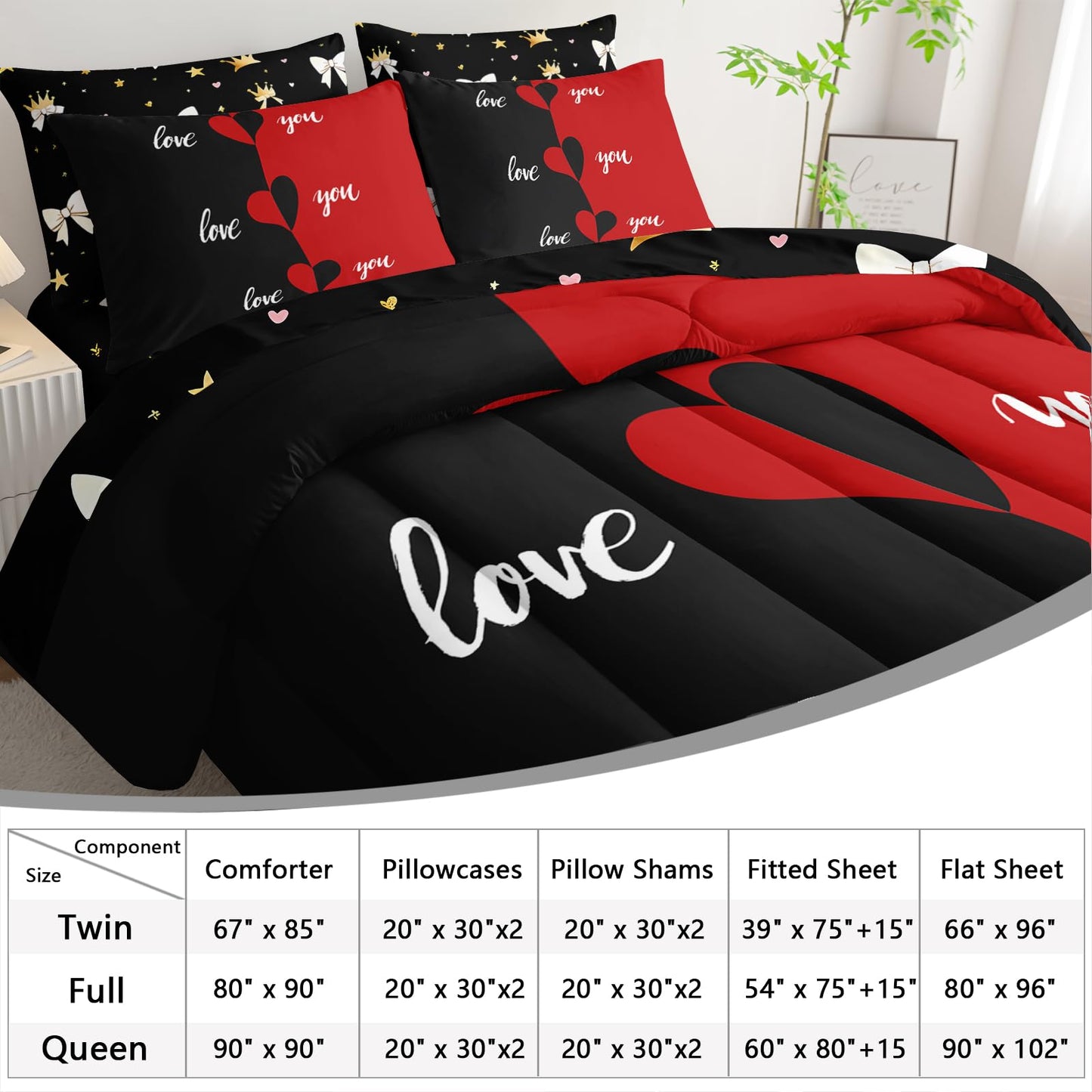 AILONEN Red Black Love Comforter Set Full Size,7-Piece Soft Bed in a Bag,Valentine Couples Printed Comforter & Fitted Sheet & Flat Sheet & 2 Pillowcases,2 Pillow Shams for Bedroom