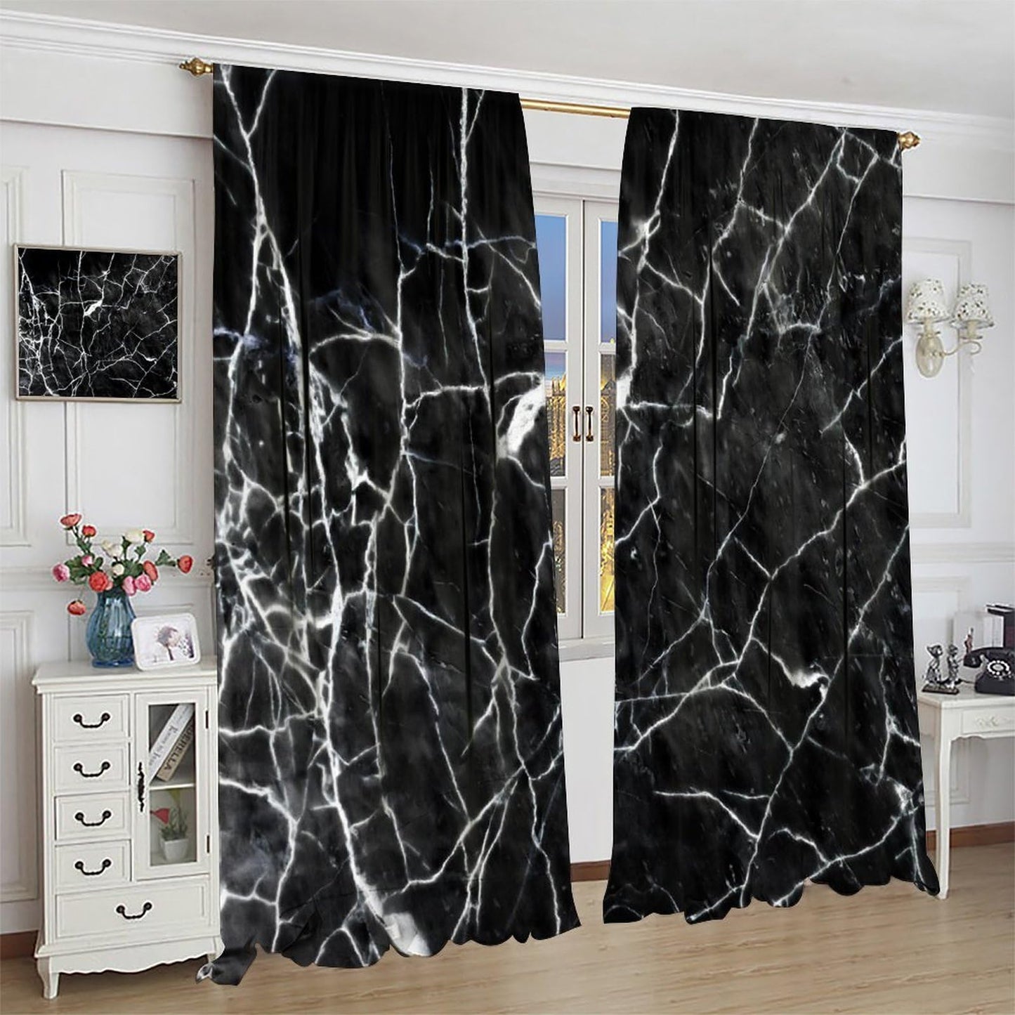 Djaby Marble Curtains, Abstract Modern Natural Black Grey Marble Window Treatments for Bedroom Living Kitchen Home 42" W X 45" L(No Blackout)