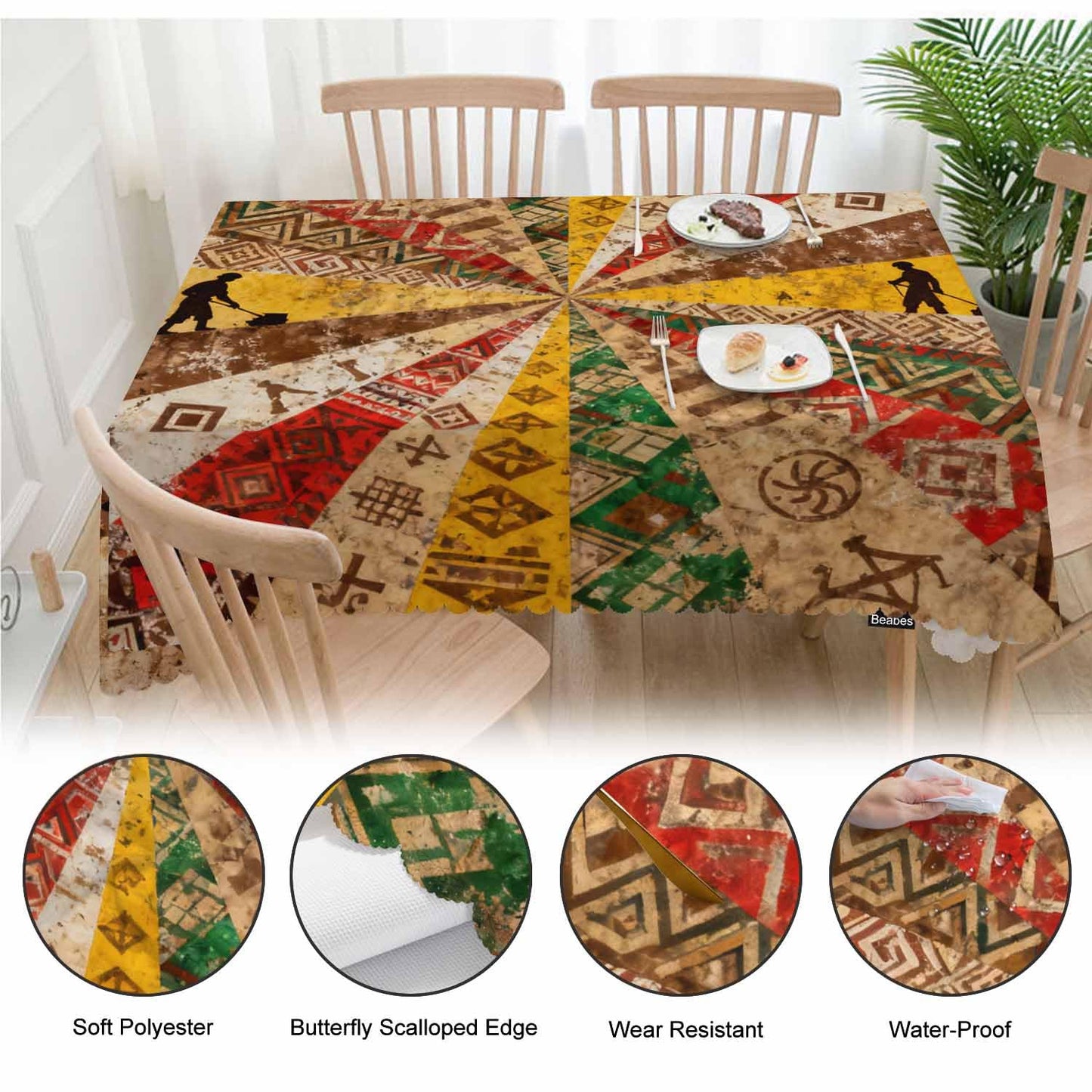 Beabes Decorative Rectangle Tablecloth 52"X70" African, Ethnic African Geometric Patchwork Grunge Wrinkle Free Table Cover Picnic Table Cloths for Parties Weddings Kitchen Tablecloth