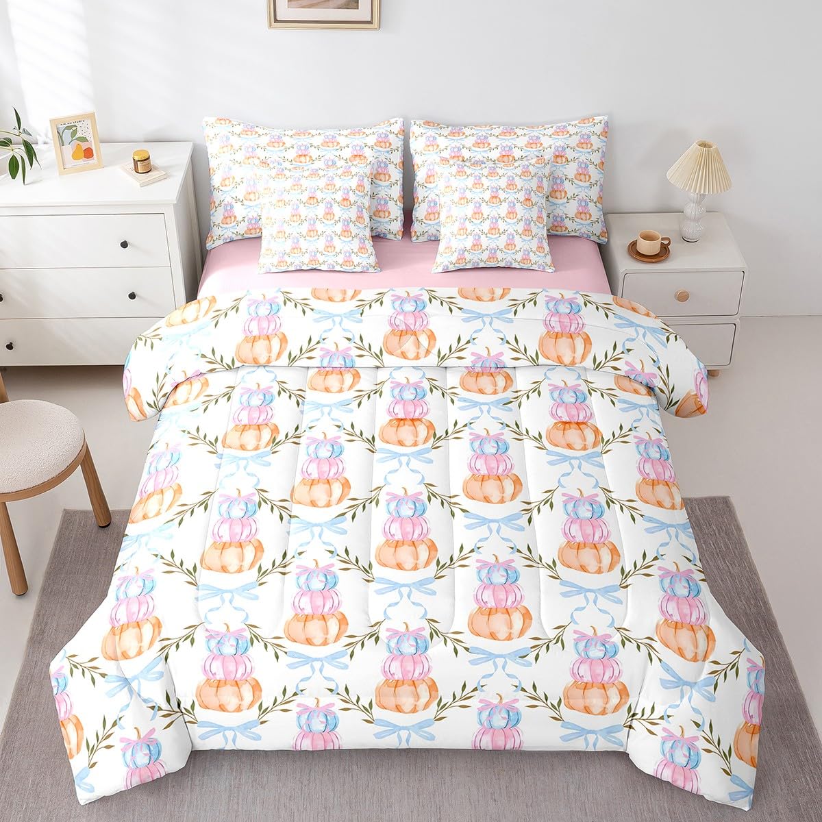 7 Pieces Watercolor Pumpkin Comforter Set Full Size,Pink Blue Bow Print Bedding Sets Kids Teens Adult Fall Plants Bow Grid Striped Quilt + Fitted & Flat Sheets + 2 Cushion Cover + 2 Pillowcases