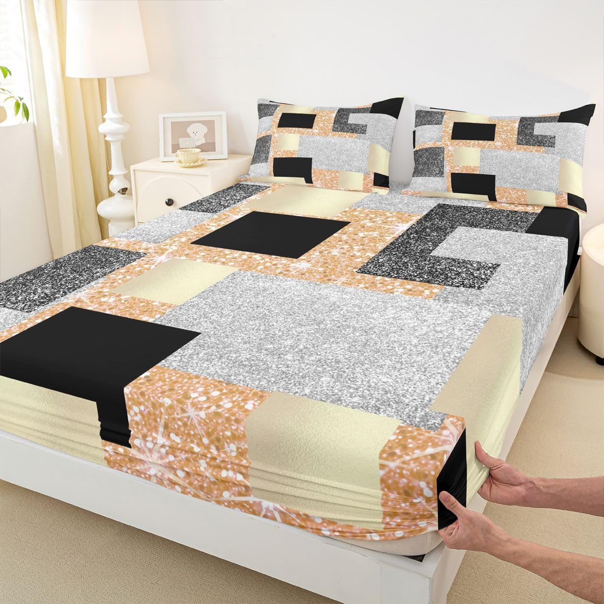 Feelyou Modern Abstract Bed Sheets Set Queen Size Geometric Aesthetic Bed Set Yellow Glitter Deep Pocket Fitted Sheet Breathable Soft Lightweight Microfiber