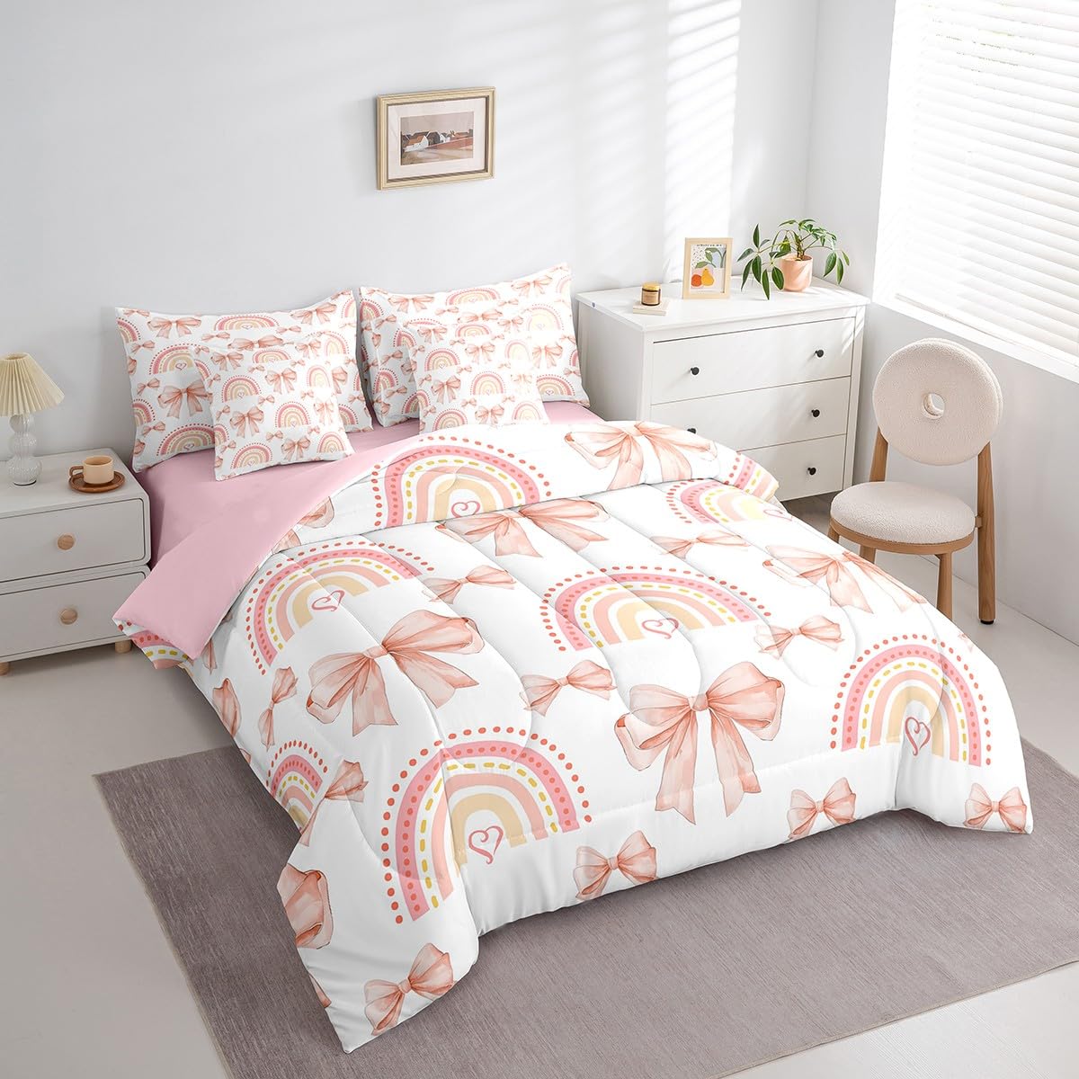 Erosebridal 7 Piece Rainbow Bowknot Bedding Set for Teens,Dreamy Princess Style Kids Girls Comforter Set King Bed in a Bag,Romantic Valentine Day Sheet Set,Bow Tie Heart Shaped Duvet Insert