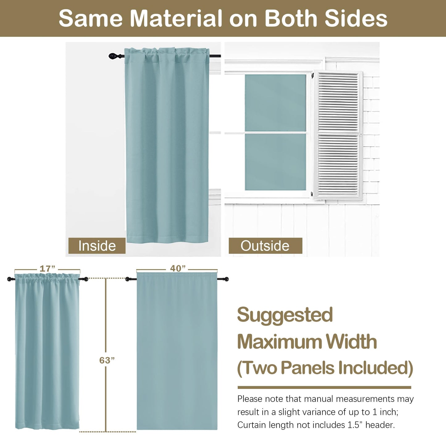 OVZME Aqua Blackout Curtains for Bedroom 63 Inch Length 2 Panels, Protect Privacy Thermal Insulated Solid Curtains for Bedroom, Dual Rod Pocket Window Treatment Blackout Drapes, 2x40Wx63L Inches