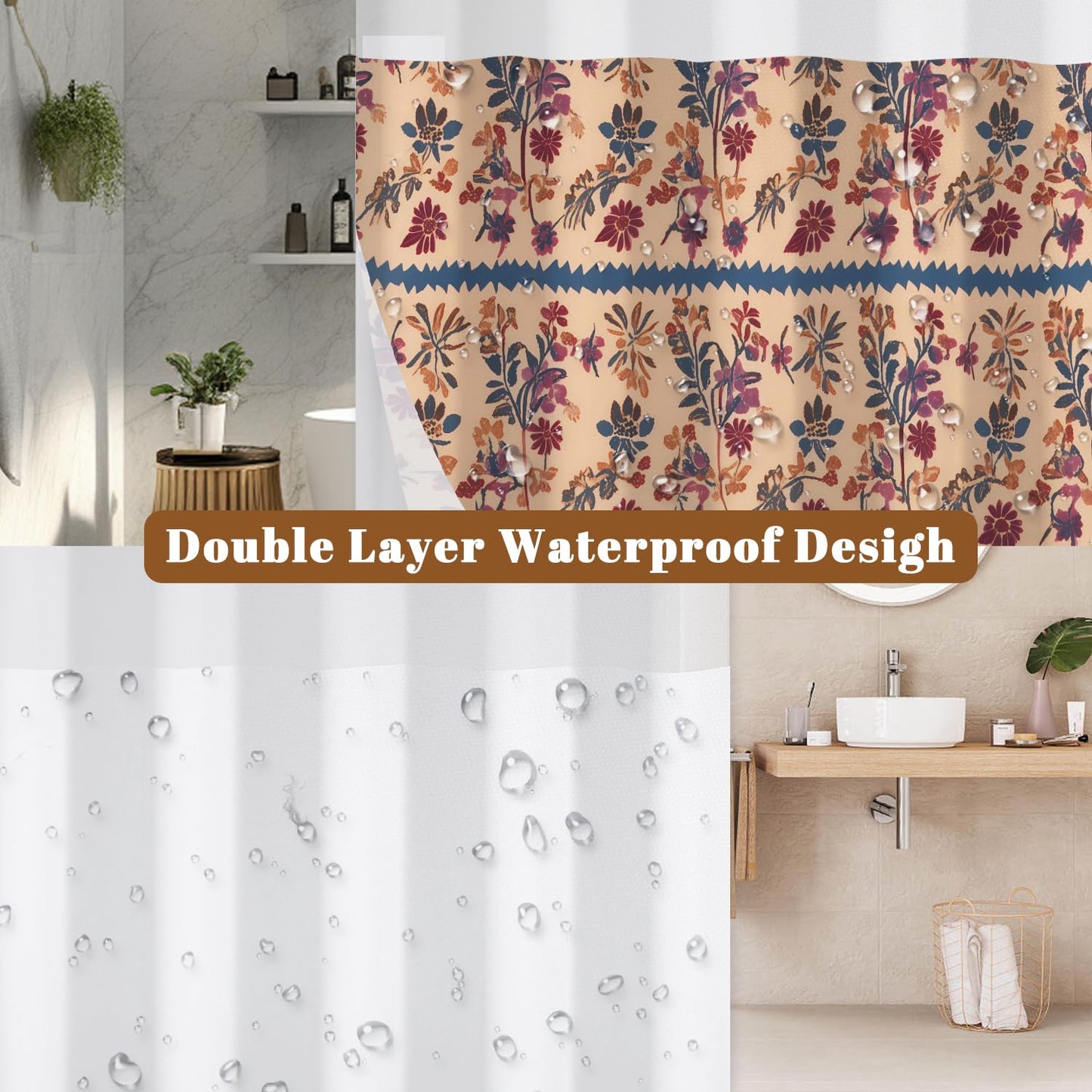 Xiazhilaio Vintage Boho Floral No Hook Shower Curtain with Snap in Liner
