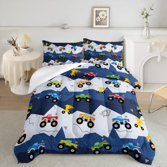 QOOMO 3Pcs Car Comforter Set Twin,Truck Bedding Set for Teens Boys Girls,Cars Printed Comforter with 2 Pillowcases,Down Alternative,Soft and Lightweight
