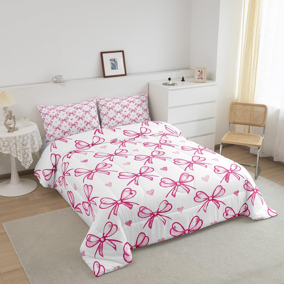 Pink Bow Girlish Kids Comforter Set Queen Size,Bowknot Love Heart Hand Paint Cute Bedding Set,Girls Women Room Decor,Princess Style Bow Tie Down Comforter,Girly Romantic Duvet Insert,2 Pillowcases
