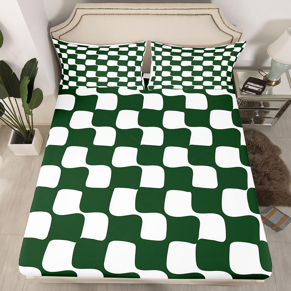 jejeloiu Checkered Grid Fitted Sheet Full Size for Kids Boys Girls Buffalo Plaid Bed Sheets Set 16" Deep Pocket Soft Breathable Microfiber Green White Bedding with 2 Pillowcases Geometric Room Decor