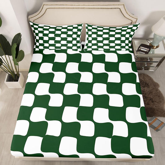 jejeloiu Checkered Grid Fitted Sheet Full Size for Kids Boys Girls Buffalo Plaid Bed Sheets Set 16" Deep Pocket Soft Breathable Microfiber Green White Bedding with 2 Pillowcases Geometric Room Decor