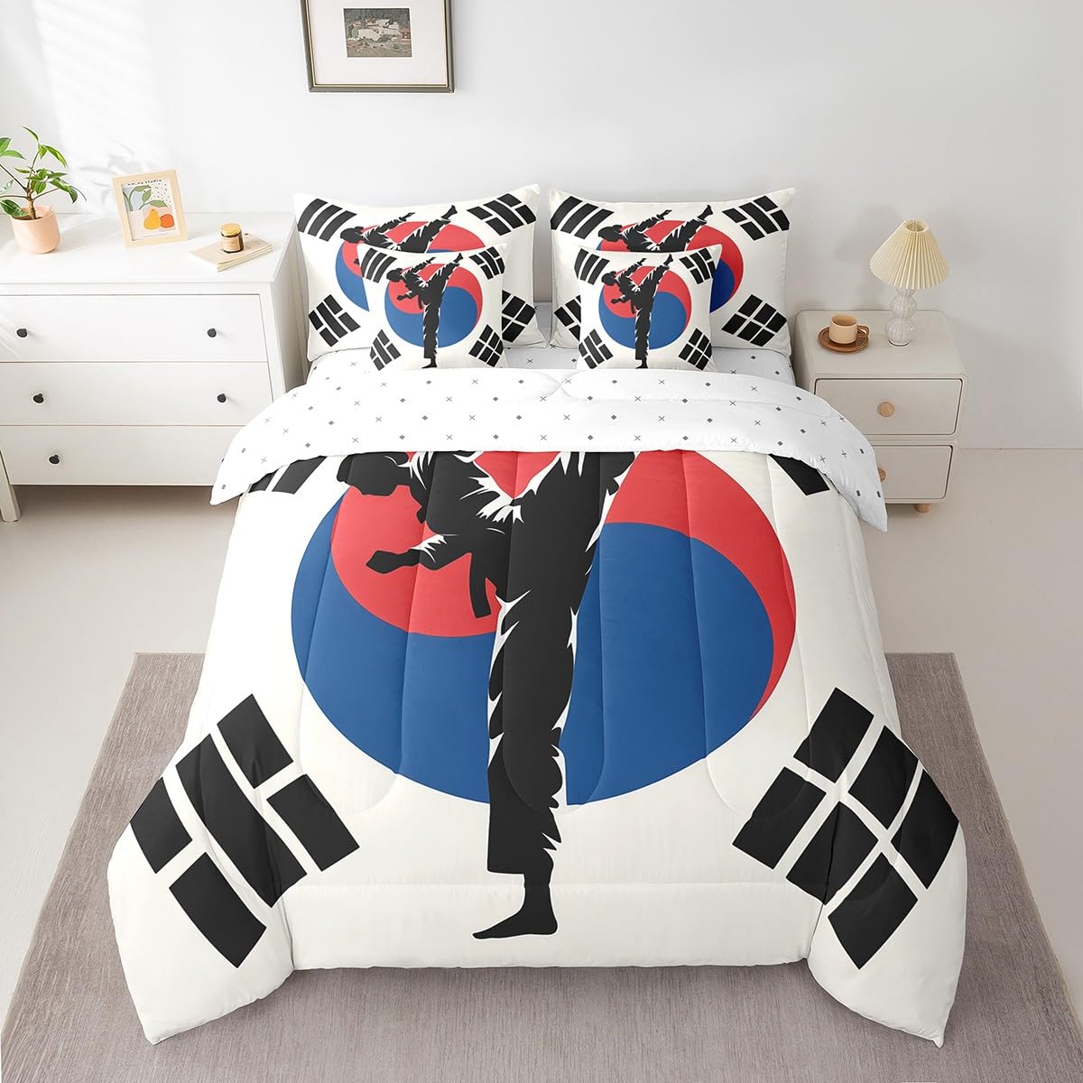 Feelyou Kids Taekwondo Comforter Set Full Size 7 Pieces Boys Girls Kungfu Karate Bedding Set Martial Art Korean Flag Style Bed in a Bag with Comforter, Sheets, Pillowcases & Cushion Cover