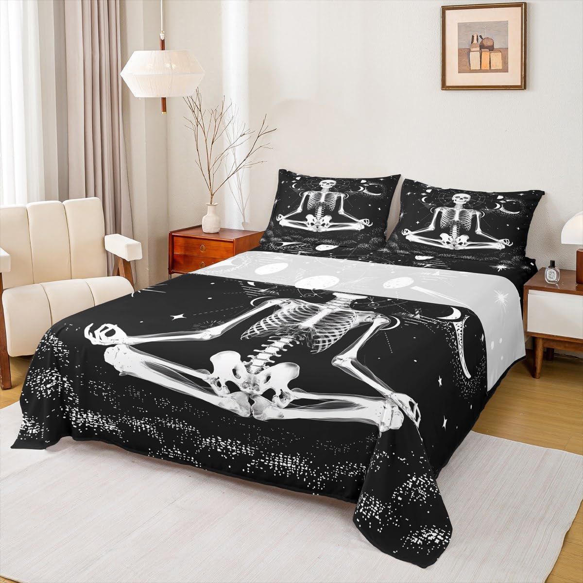Erosebridal Skull Bed Sheets,Gothic Skeleton Sheet Set Queen Stars Moon Fitted Sheet Moon Phase Sheets Phychedelic Geometric Flat Sheet,Black White Decoratives for Home Bedroom,Super Soft Luxury…