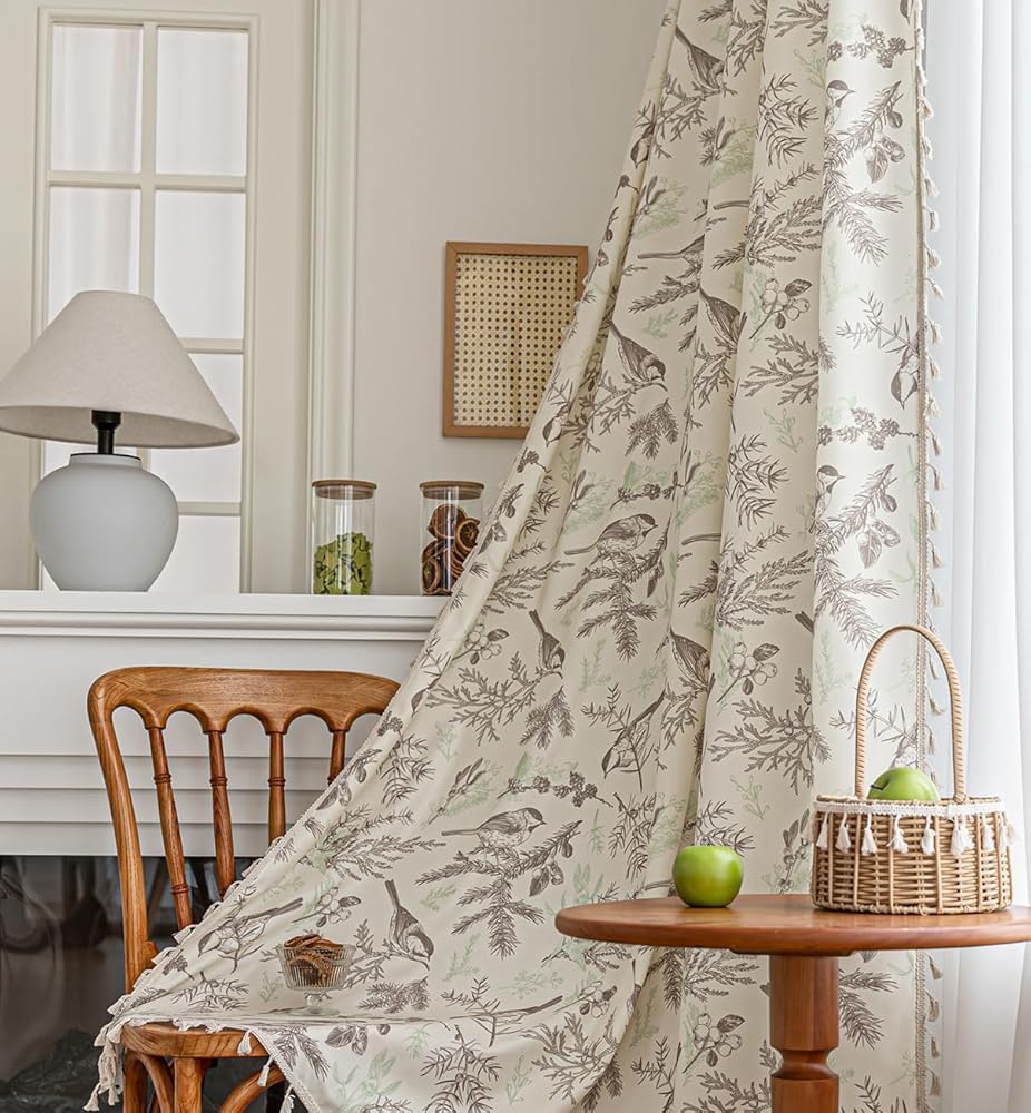 Erbnaryx Bird Botanical Curtains 72 Inches Long, Boho Farmhouse Light Filtering Rod Pocket Drapes with Tassel Trim for Bedroom Living Room, 2 Panels