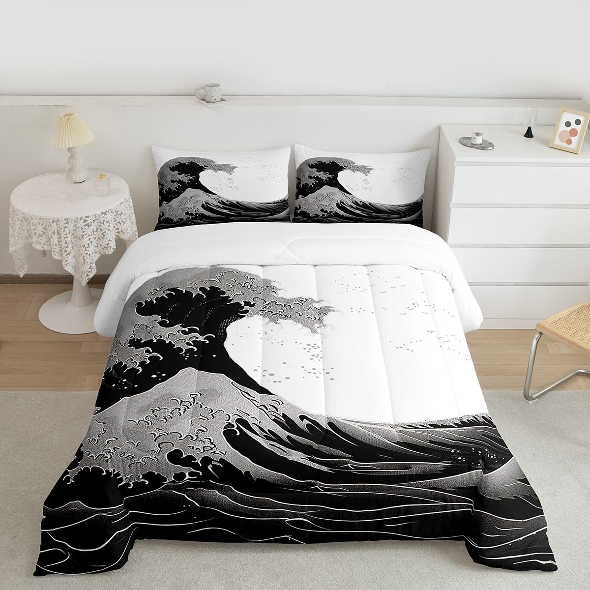 jejeloiu Black and White Wave Kids Comforter Set Queen Size Japanese Style Bedding Set Ocean Wave Duvet Quilt for Kids Boys Girls Bedroom Decor Microfiber Ultra Soft Breathable