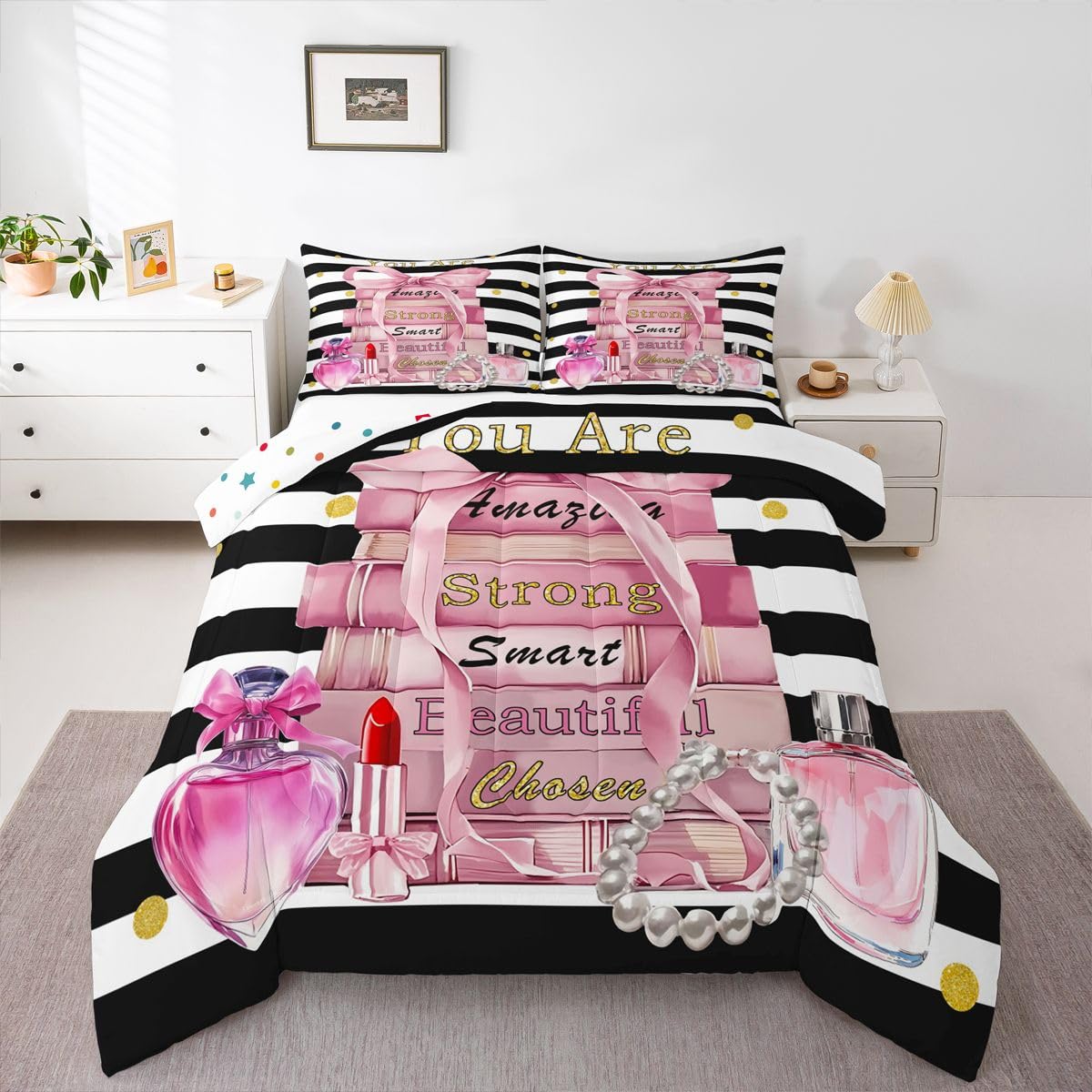 Erosebridal Pink Cute King Bedding Set Girly Fashion Bow Comforter Set for Girls Teens Kids Women Modern Black and White Stripe Quilt Positive Quotes Books Pearl Perfume Bed Sets