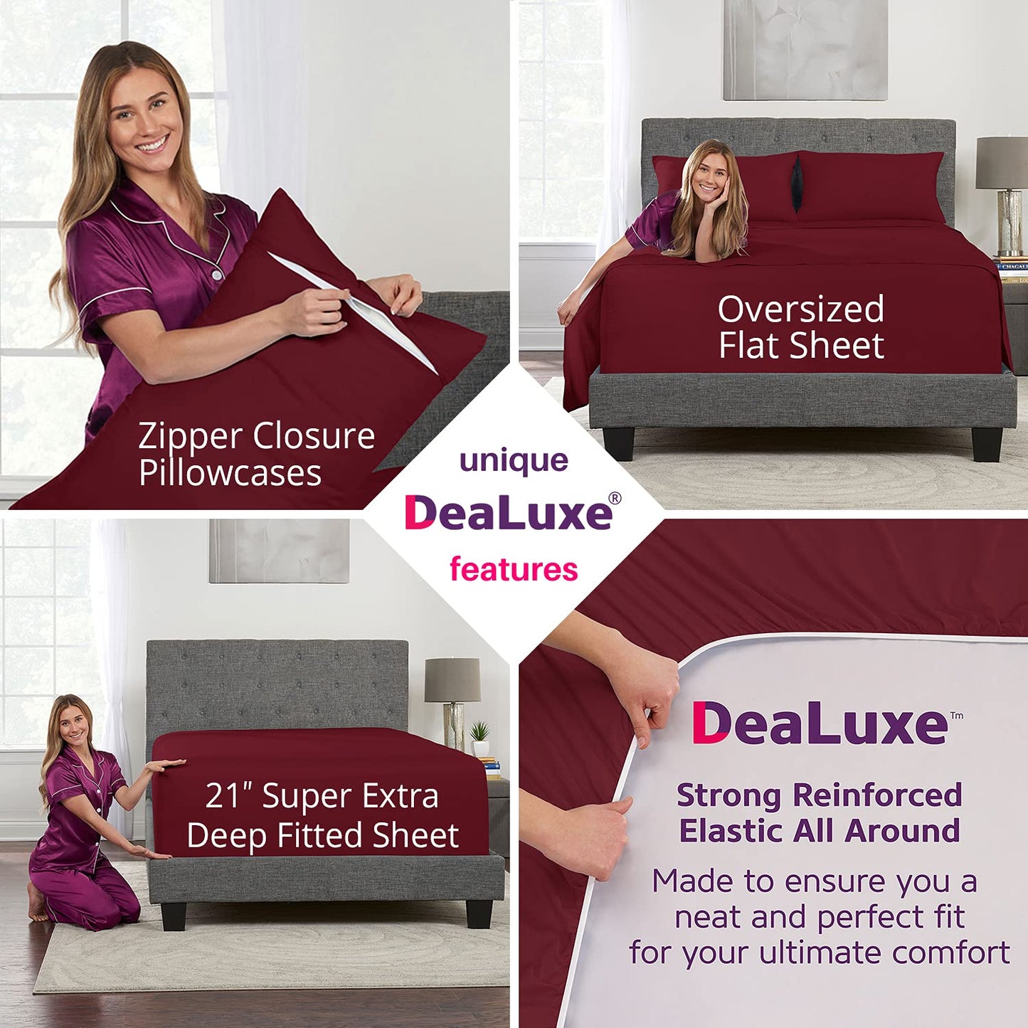 Deep Pocket King Size Sheets – 21” Extra Deep Pocket King Size Sheets – [4 Piece Set] King Bed Sheets Oversize Flat Sheet, Fitted Sheet, 2 Zippered Pillowcases 18”–23” Deep King Sheets – Burgundy