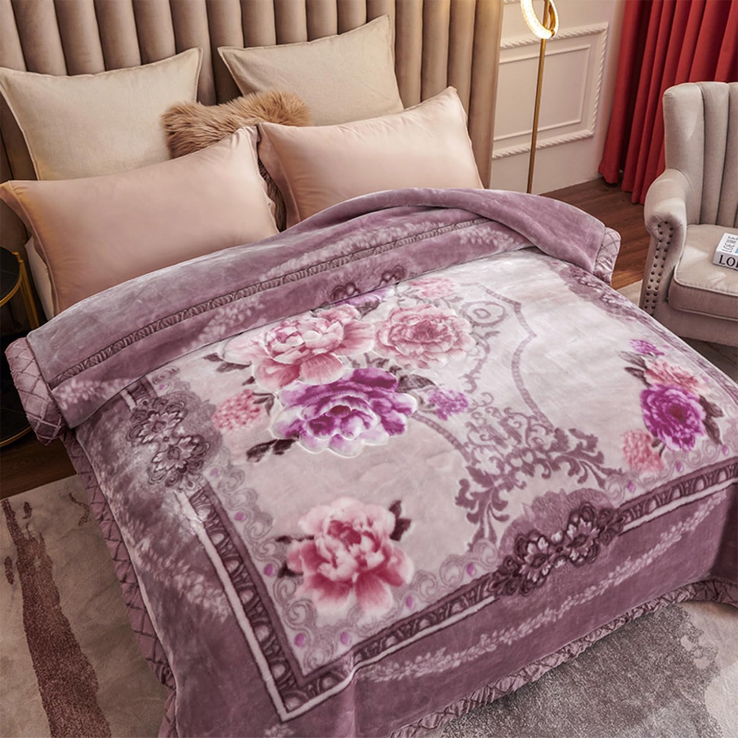 MODUSKYE Mink Blankets, Korean Heavy Fleece Plush 78x90 inch 2 Ply Mink Thick Blankets with Iris Flowers 7.7 lbs Queen Size Soft Raschel Blanket for Autumn Winter (Purple)