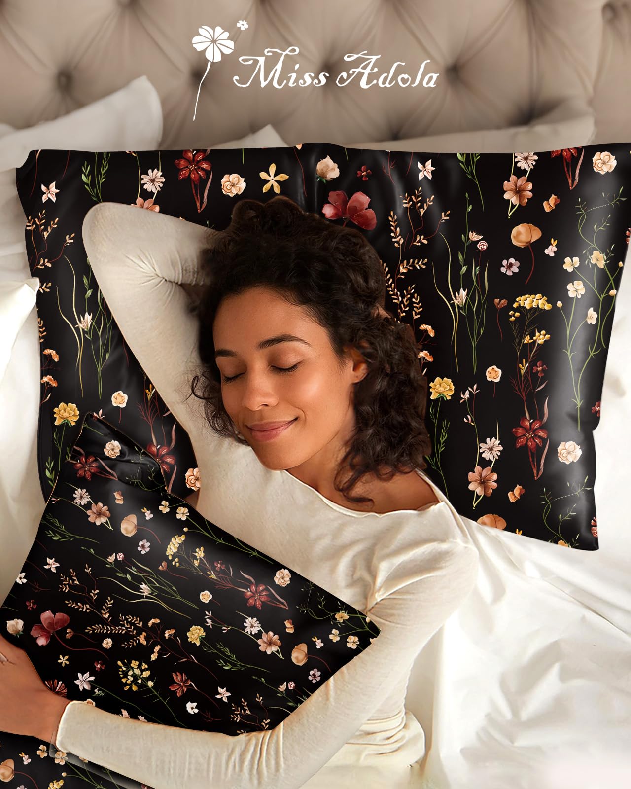 Miss Adola 2 Pack Mulberry Silk Pillowcase for Hair and Skin - Standard Size 20 x 26 Inches with Hidden Zipper BK Grow Flower 19 Momme Soft Sleeping Silk Pillow Case for Women, Moms