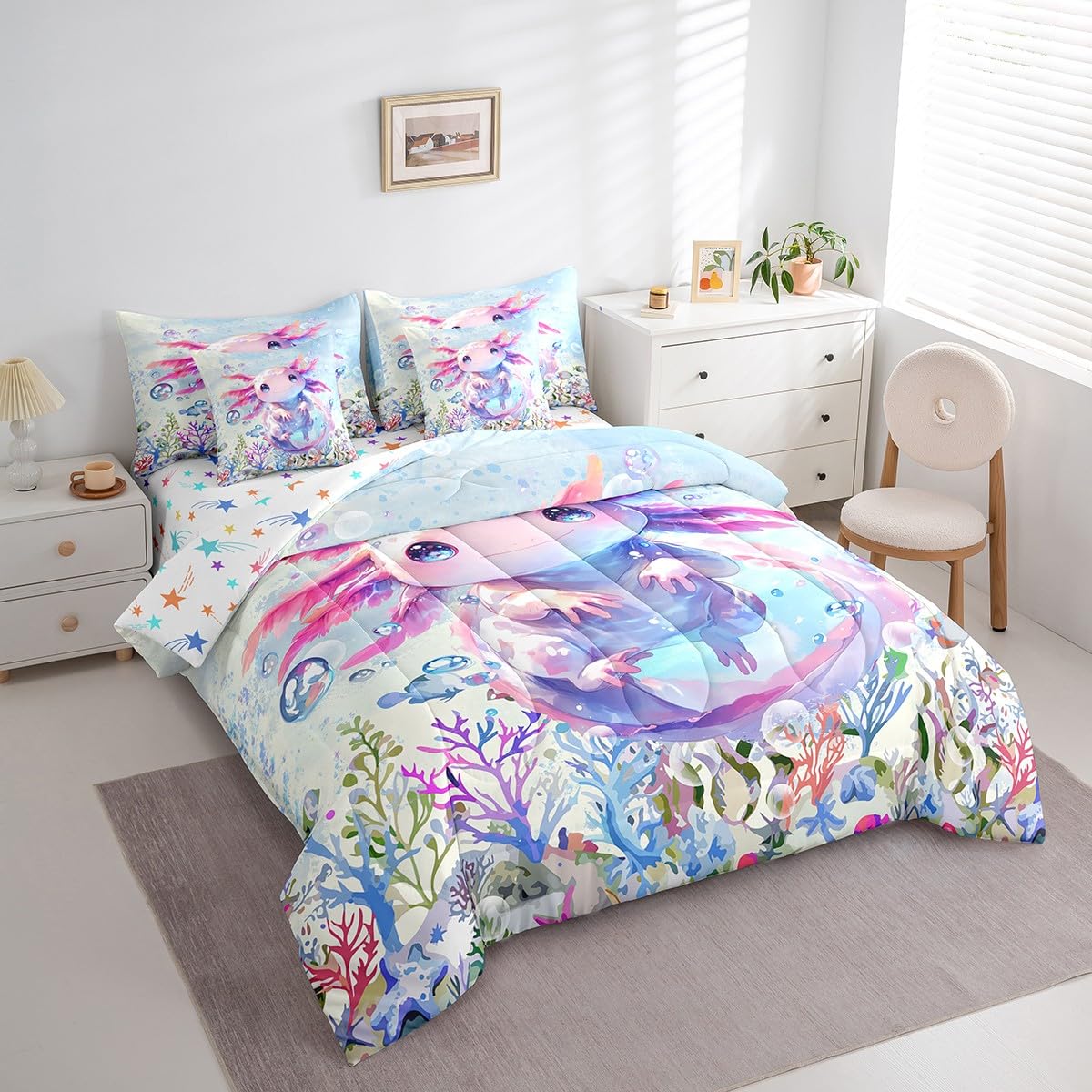 Feelyou Boys Girls Cute Axolotl Comforter Set with Sheets Twin Size, Ocean Sealife 7 Pieces Bedding Sets Kids Kawaii Bed in A Bag Cartoon Salamander Bed Set