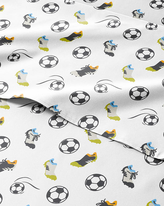 Kids Queen Size Bed Sheet Set - 4 Piece Kids Loft Bed Sheets - Soccer Sport Theme bedding - Soft, Cute and Cozy - Breathable and Machine Washable - Football Bed Set for Boys, Girls, Teens & Toddlers