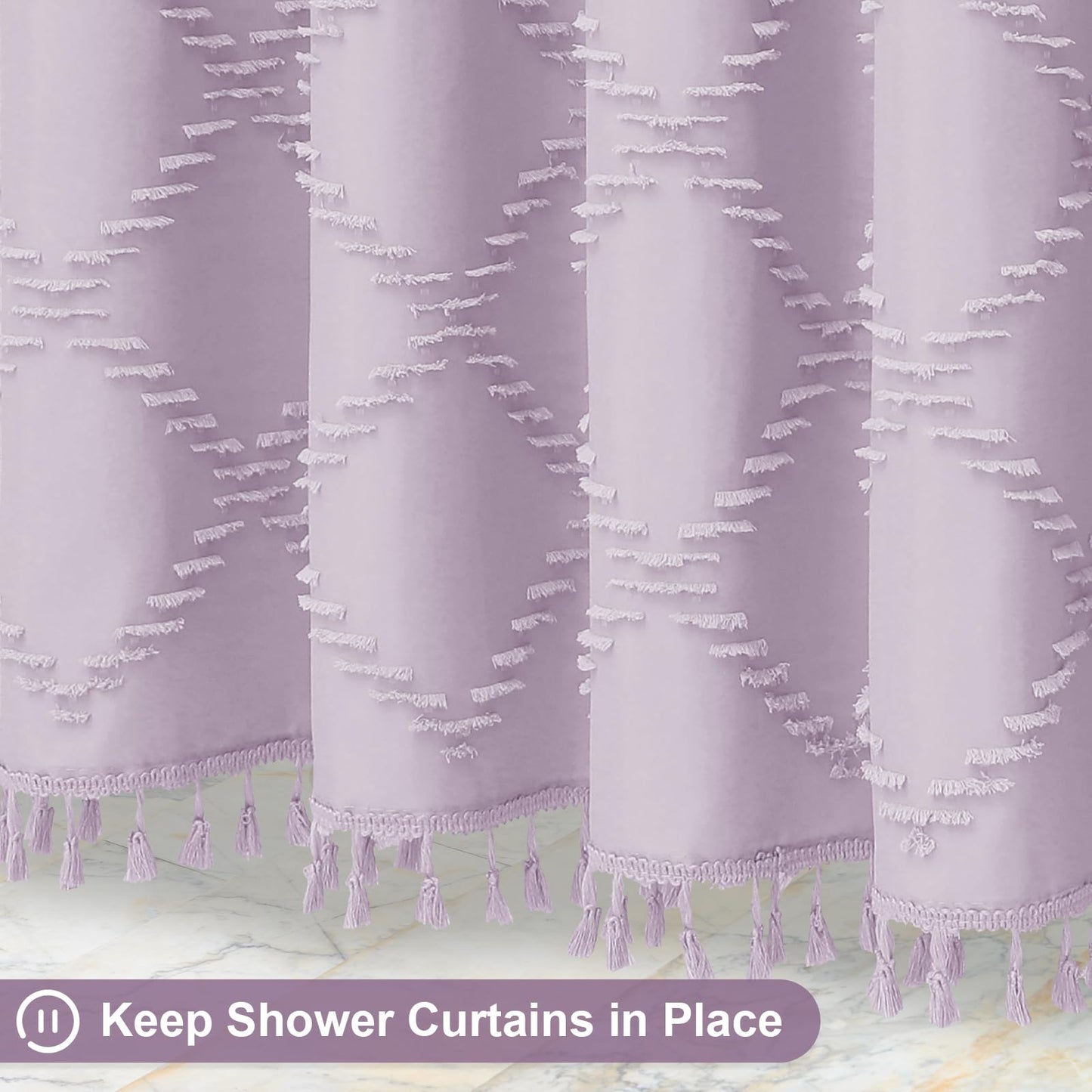 Craidlela Boho Lavender Woven Fabric Shower Curtain with Tassel 72 x 72, Bohemia Tufted Chevron Striped Chic Textured, Waterproof Modern Farmhouse Minimalist Purple Cloth Curtain for Bathroom