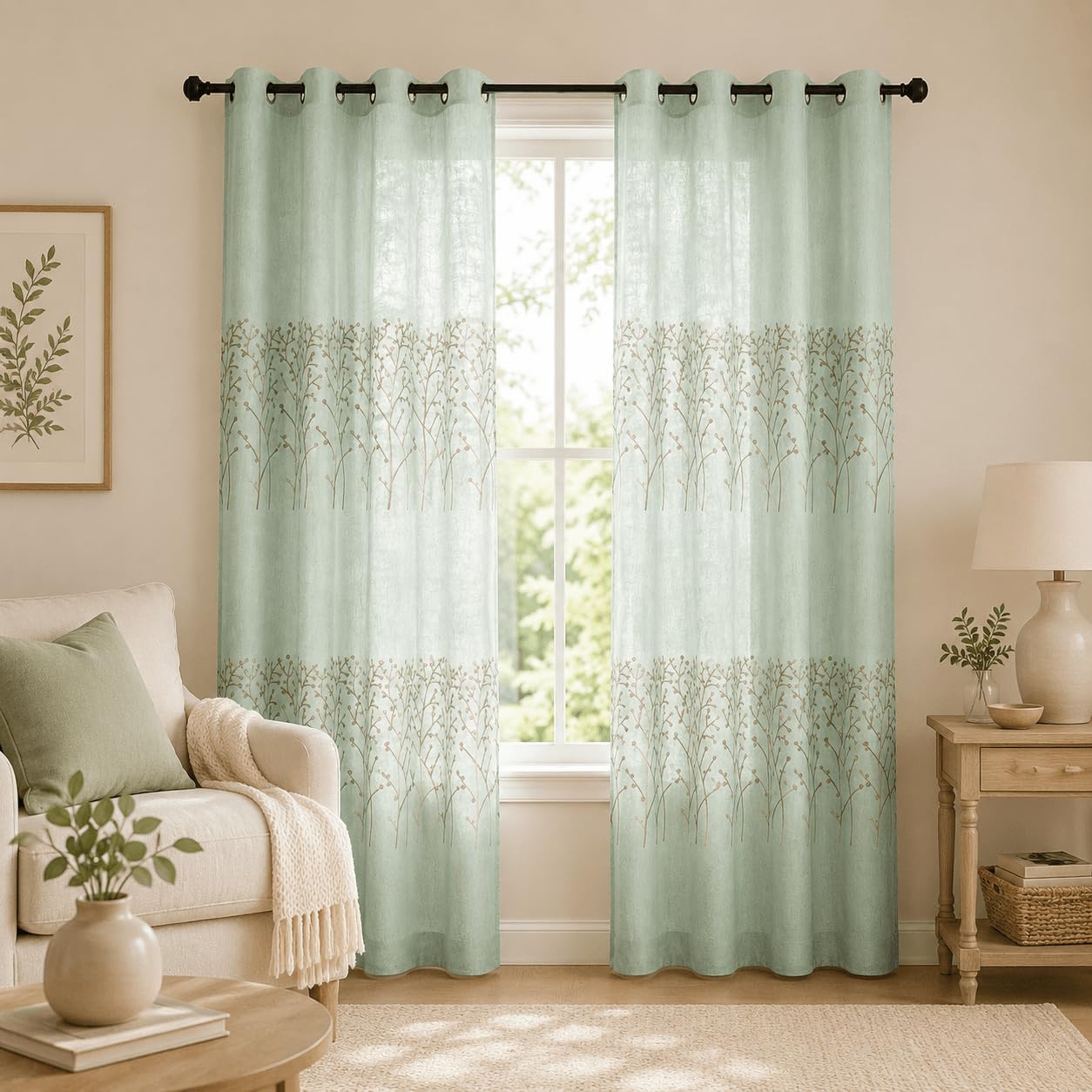 VOGOL Faux Linen Branch Embroidered Grommet Curtains, 2 Panels, 52 x 84
