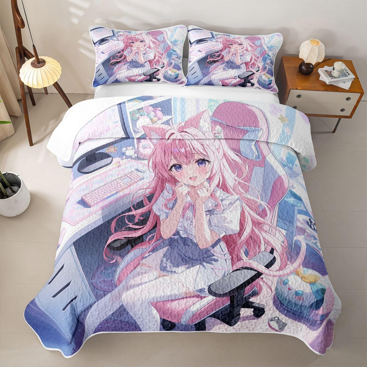 Erosebridal Kawaii Japanese Girl Quilt Twin Size - Cartoon Anime Bedspread Girls Gamer Bed Coverlet with 1 Pillowcase