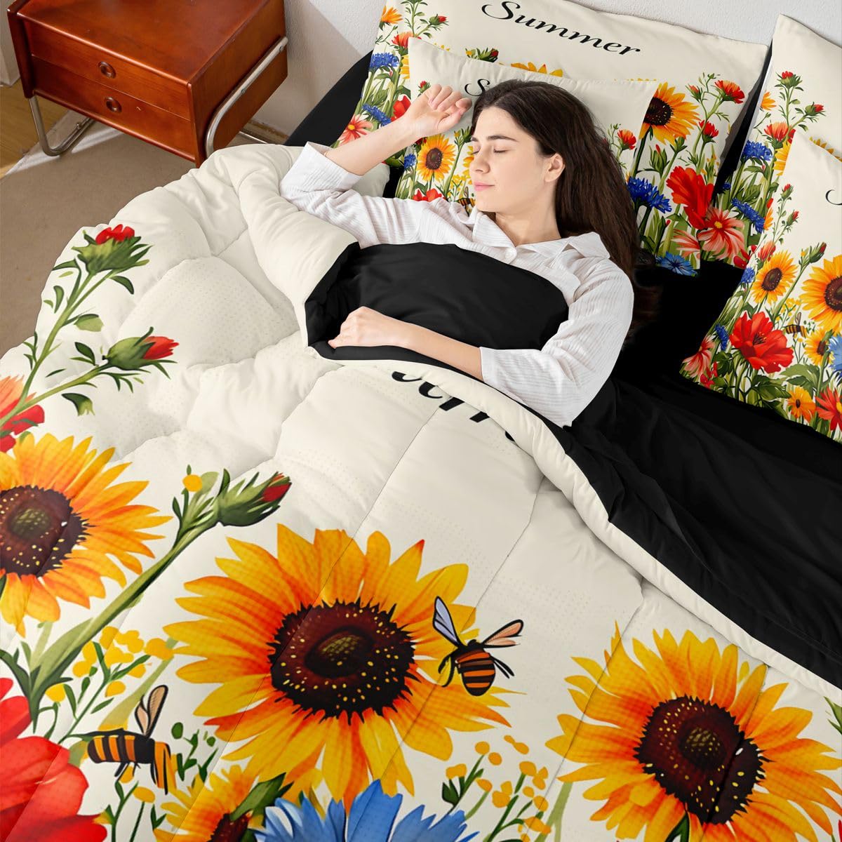 Erosebridal Sunflower & Wildflower Queen Bedding Set Aesthetic Bright Floral Comforter Set with Flat and Fitted Sheet Girls Women Cute Summer Bee 7-Piece Bed in a Bag Vibrant Garden Art Quilt Sets
