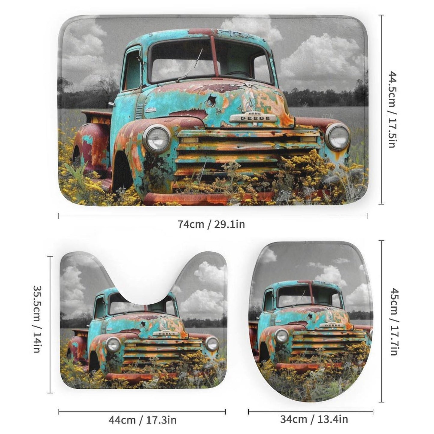FOCCAFB 4 Piece Abstract Old Truck Shower Curtain Set with Rugs, Vintage Country Field Green Car Include Bathroom Non-Slip Floor Mat, U-Shaped Bath Rug and Toilet Cover Lid with 12 Hooks