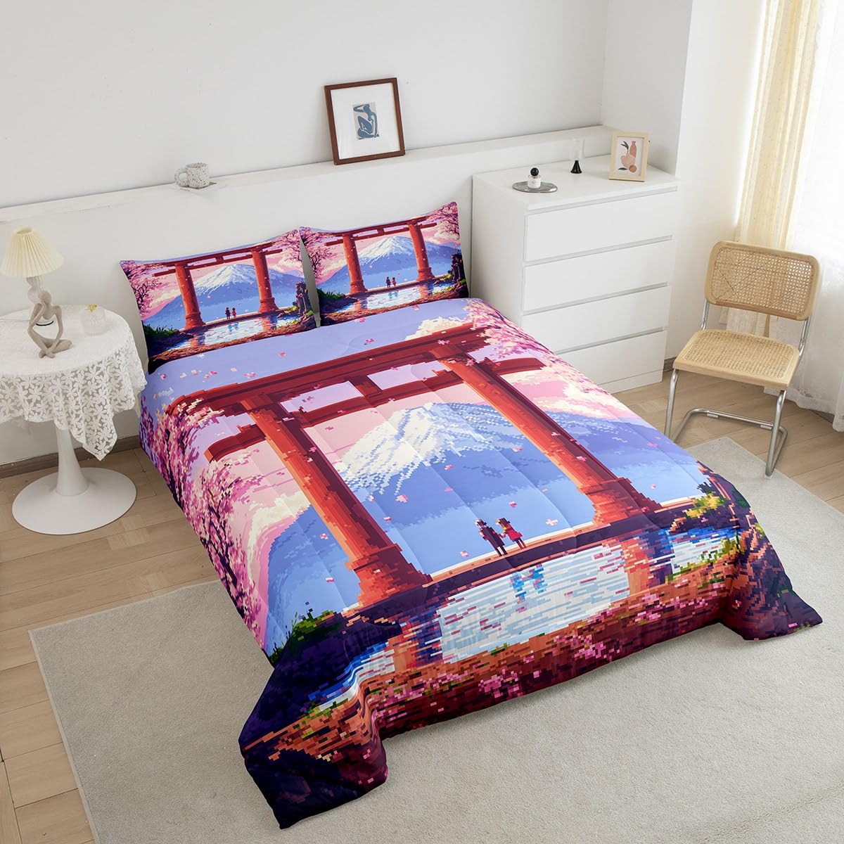 jejeloiu Pink Japan Bedding Set 2Pcs Twin Size Kids Anime Mount Fuji Comforter Set for Boys Girls Pixel Duvet Quilt Soft Lightweight,Microfiber