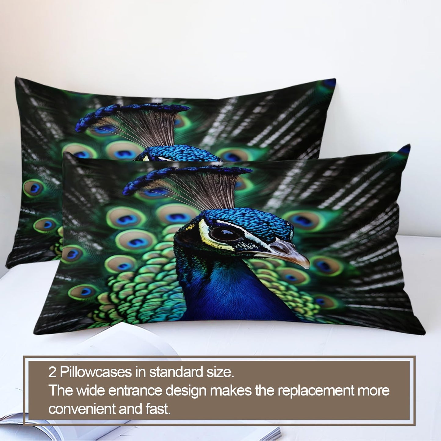 QINYUN Peacock Duvet Cover King Size, Green Peacock Feather Bedding Set 3 Piece Bedroom Decor Wild Animals Boho Comforter Cover with Zipper Ties & 2 Pillowcases
