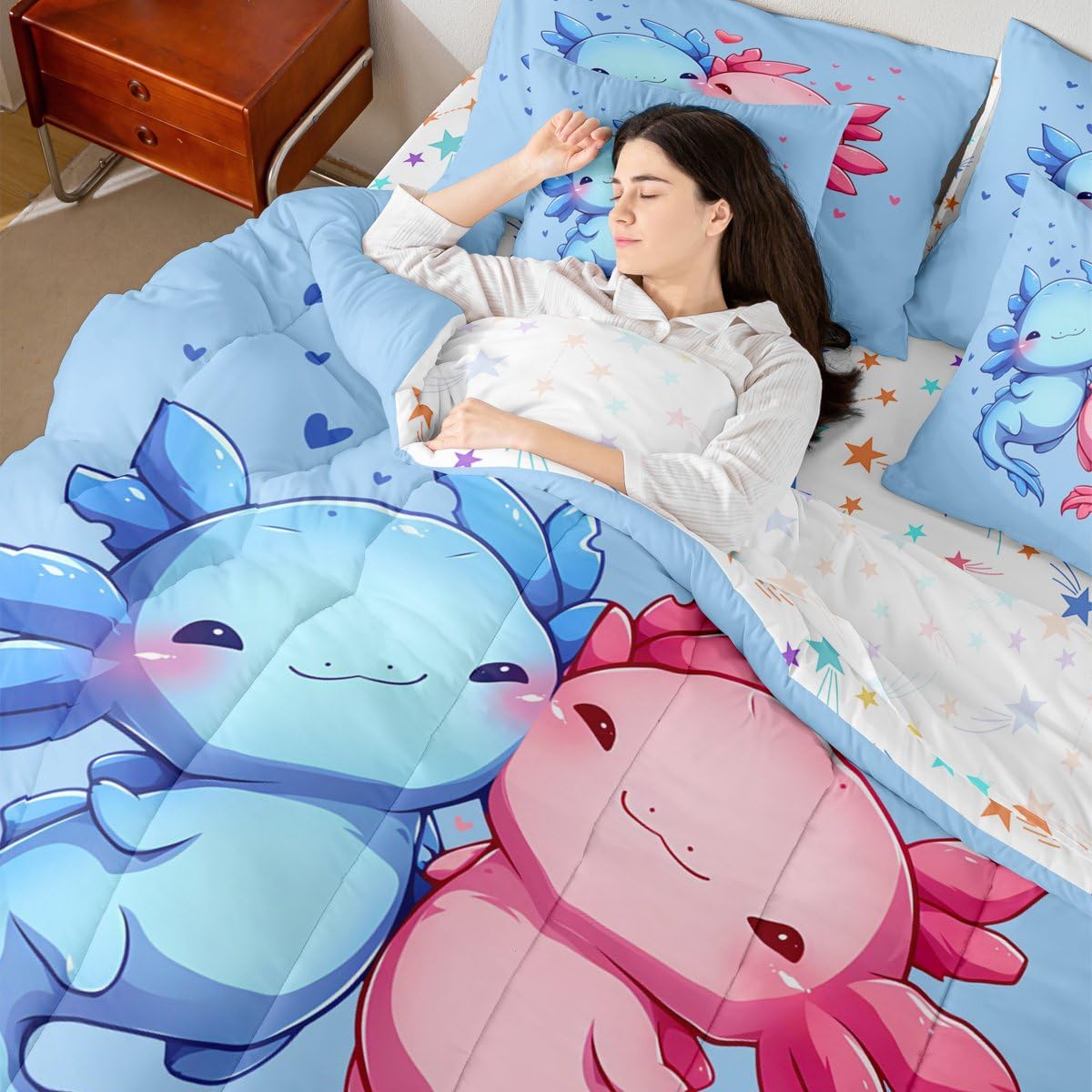 Cartoon Axolotls Queen Comforter Set Pink Blue Cute Axolotls Bed in a Bag with Flat and Fitted Sheet for Girls Boys Kids Coastal Ocean Animal 7-Piece Bedding Set Cartoon Love Heart Quilt Duvet Sets