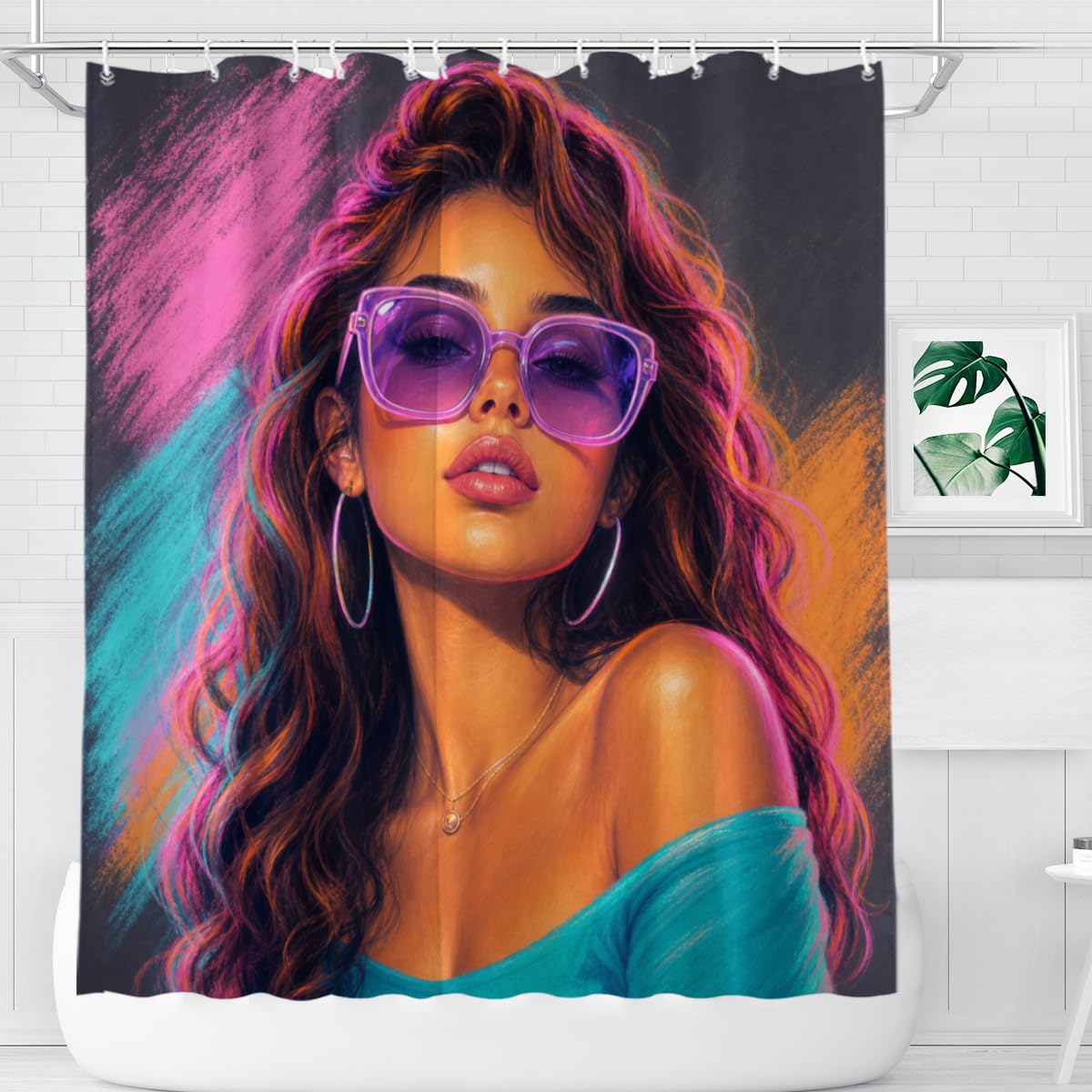 TopPacific Pink Hair Woman Shower Curtain 72x72 Inch Shower Curtain with 12 Hooks Polyester Woman Purple Sunglasses Pink Blue Hair Dark Background Bathroom Decor
