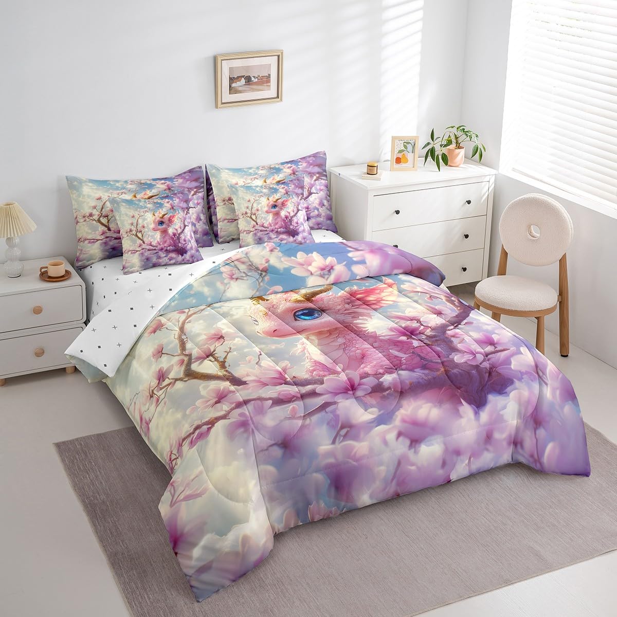7 Pieces Cherry Blossom Dragon Comforter Set Queen,Pink Flower Wild Animal Bed Set for Kids Boys Girls,Pink Bedding(1 Comforter,1 Fitted Sheet,1 Flat Sheet,2 Pillowcases,2 Throw Pillow Cover)