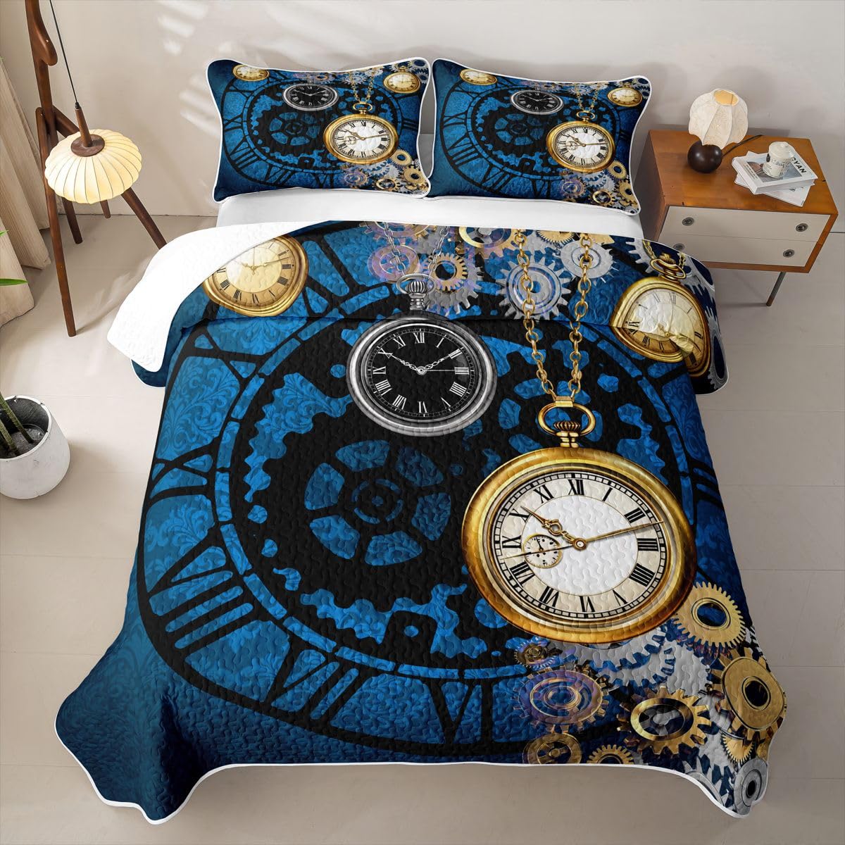 Erosebridal Vintage Clock Theme Quilts King Size - Industrial Gear Bedspread Coverlet Set, Mechanical Device Quilt Coverlets 3 Pieces