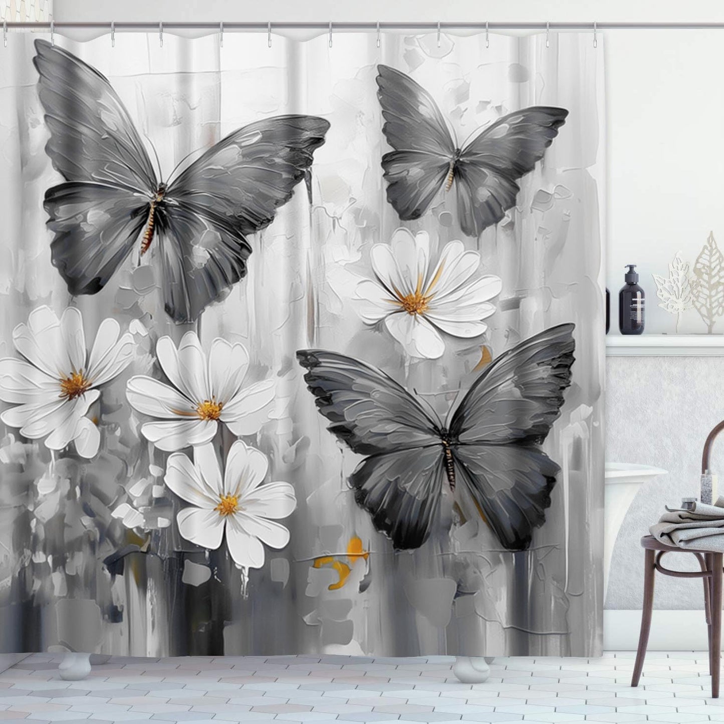 Emvency Shower Curtain Tropical Morpho Butterflies Daisy Flowers Black Bathroom Home Decor Waterproof Polyester Fabric 72 x 72 inches Set with Hooks