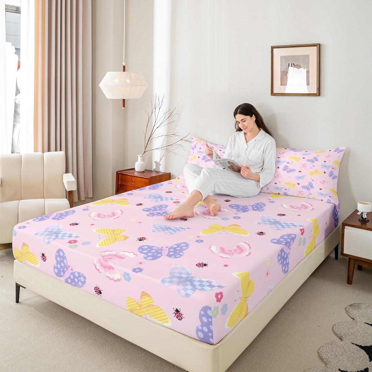 Feelyou Butterflies Fitted Sheet Twin Size for Kids Boys Girls Butterfly Printed Pattern Bed Sheets Set 16" Deep Pocket Cute Flowers Bedding with 1 Pillowcase Purple Blue Checked Room Decor