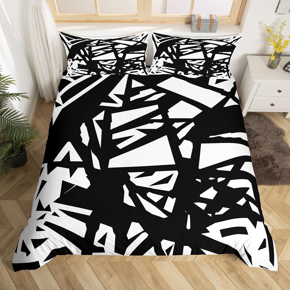 Feelyou Kids White and Black Bedding Set Queen Size Geometric Stripes Comforter Cover Set for Boys Girls Modern Striped Art Duvet Cover Abstarct Art Bedspread Cover (No Comforter)