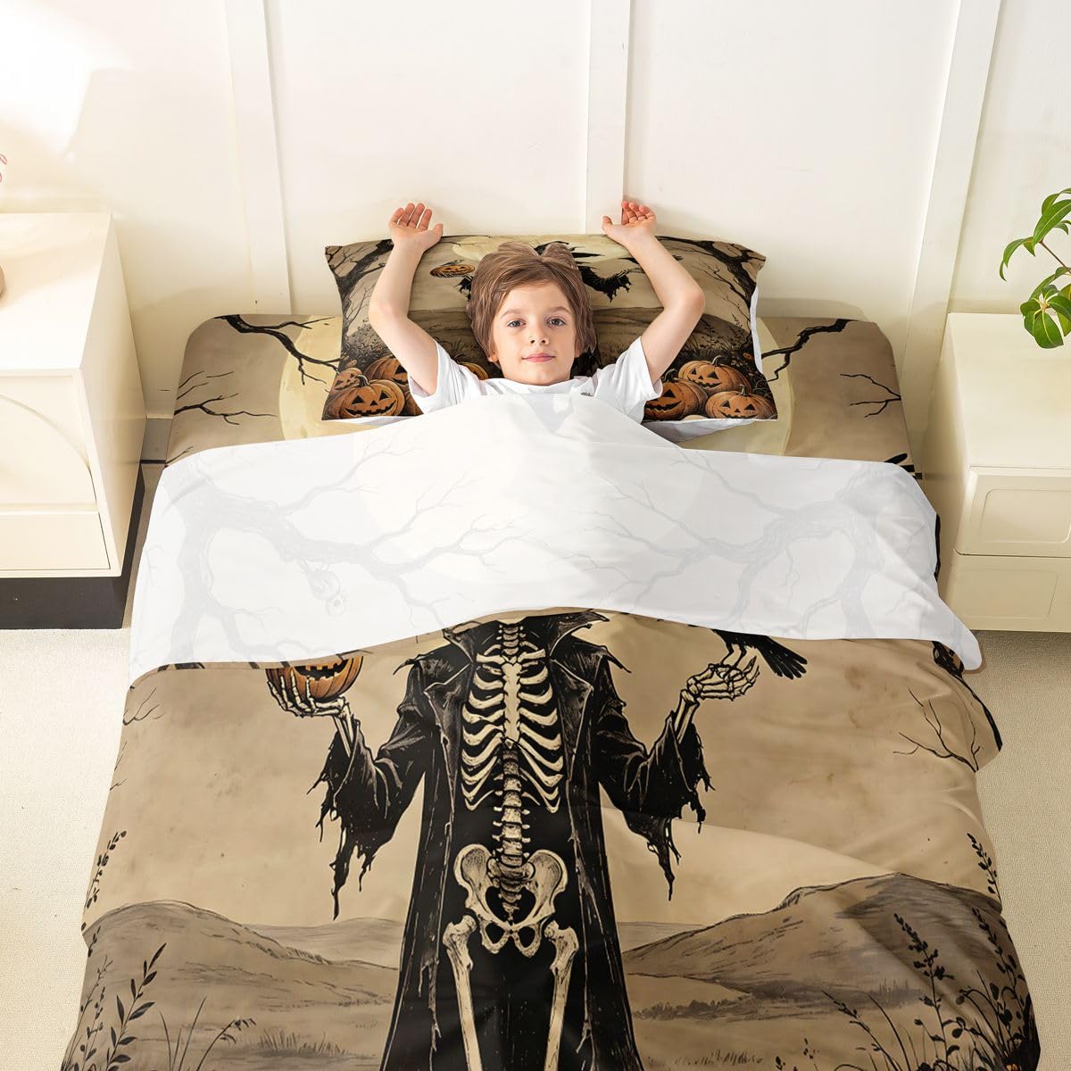 Erosebridal Halloween Skeleton Bed Sheets Twin Size Raven Full Moon Sheet Set Kids Adults Harvest Pumpkin Bedding Set Rustic Spooky Western Art Sheets