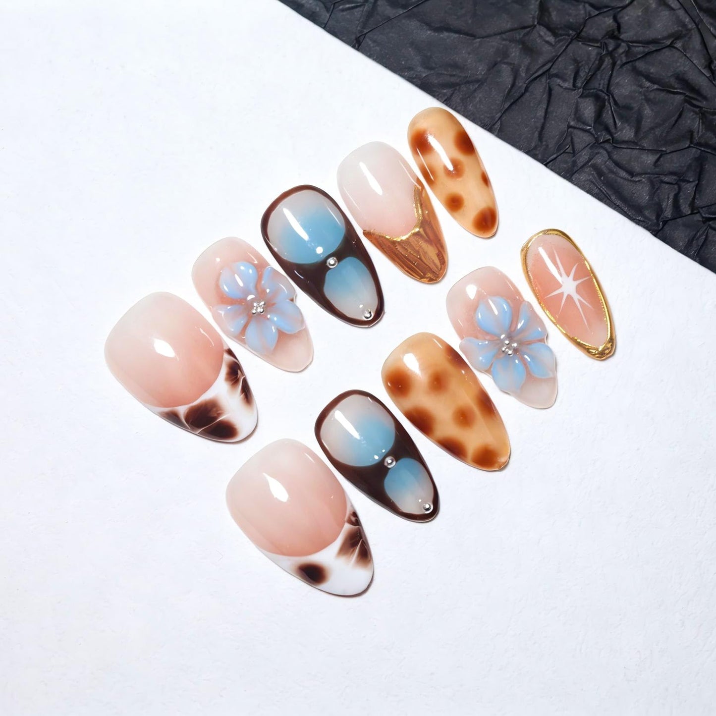 EasierGlow 10 Pcs Handmade Short Almond Press On Nails - Easy Apply & Remove, Reusable Salon Quality | Y2K Tortoise Shell Press Ons with 3D Flower, Starburst & Gold Foil Accents(UO10, S)