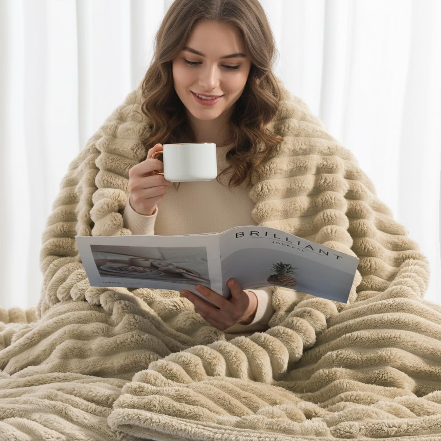 decorUhome Soft Fleece Light Brown Throw Blanket for Couch, Cozy Fluffy Plush Flannel Striped Blanket for Sofa Bed, Lightweight Decorative Ribbed Fuzzy Blanket for Woman, 50x60 Inches