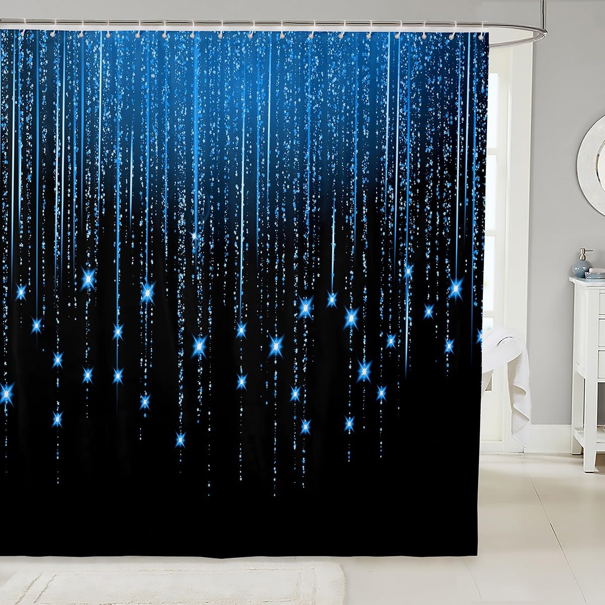 Feelyou Abstract Ombre Shower Curtain Blue Black Teens Bathroom Waterproof Accessories with 12 Hooks for Boys Girls Women Kids Modern Geometric Curtains Glitter Galaxy Stars Decor,72x72 Inches